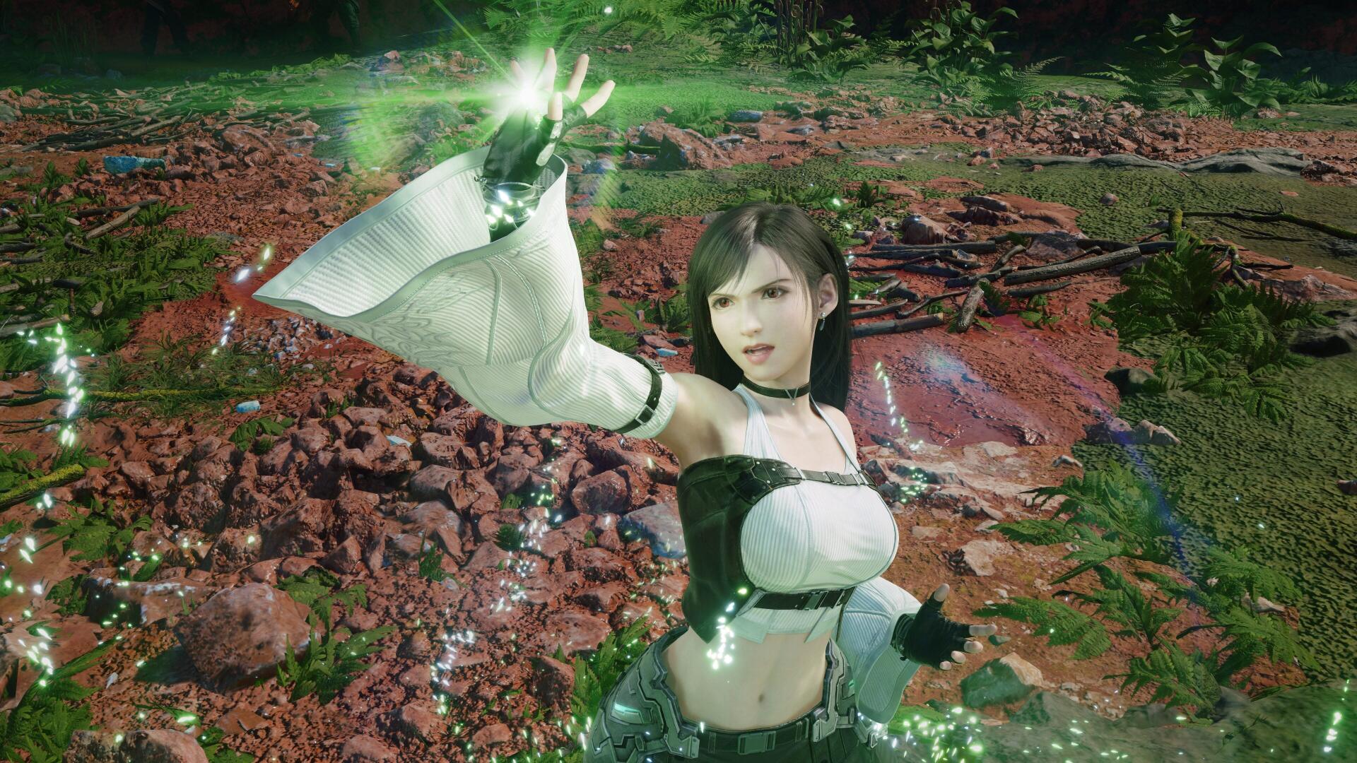Tifa Lockhart from Final Fantasy VII Revelation reaches forward, summoning a green glow over a ruined, plant-covered battlefield — 4K Ultra HD PC desktop wallpaper.
