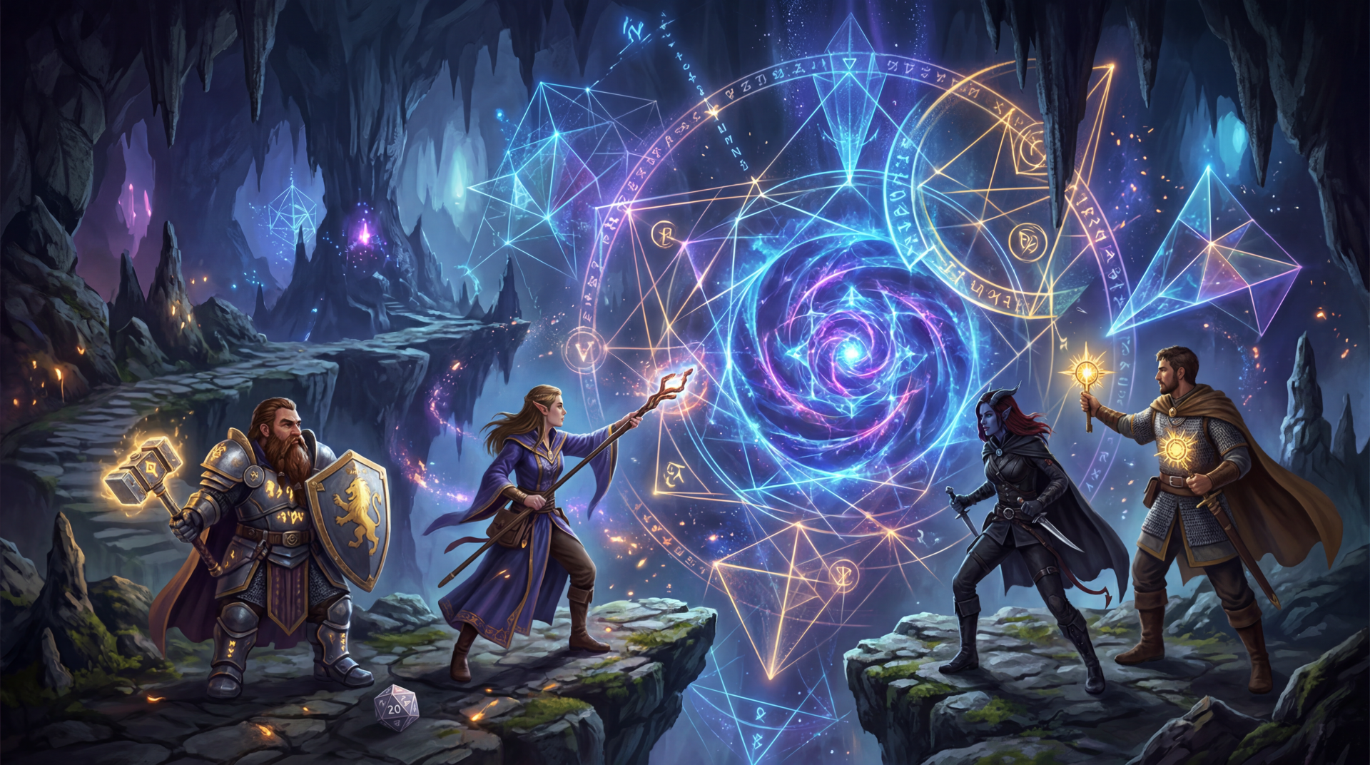 Dungeons & Dragons 5K Ultra HD PC wallpaper/background: four adventurers on cavern ledges cast spells at a swirling, glowing arcane portal of runes and geometric sigils over a chasm.