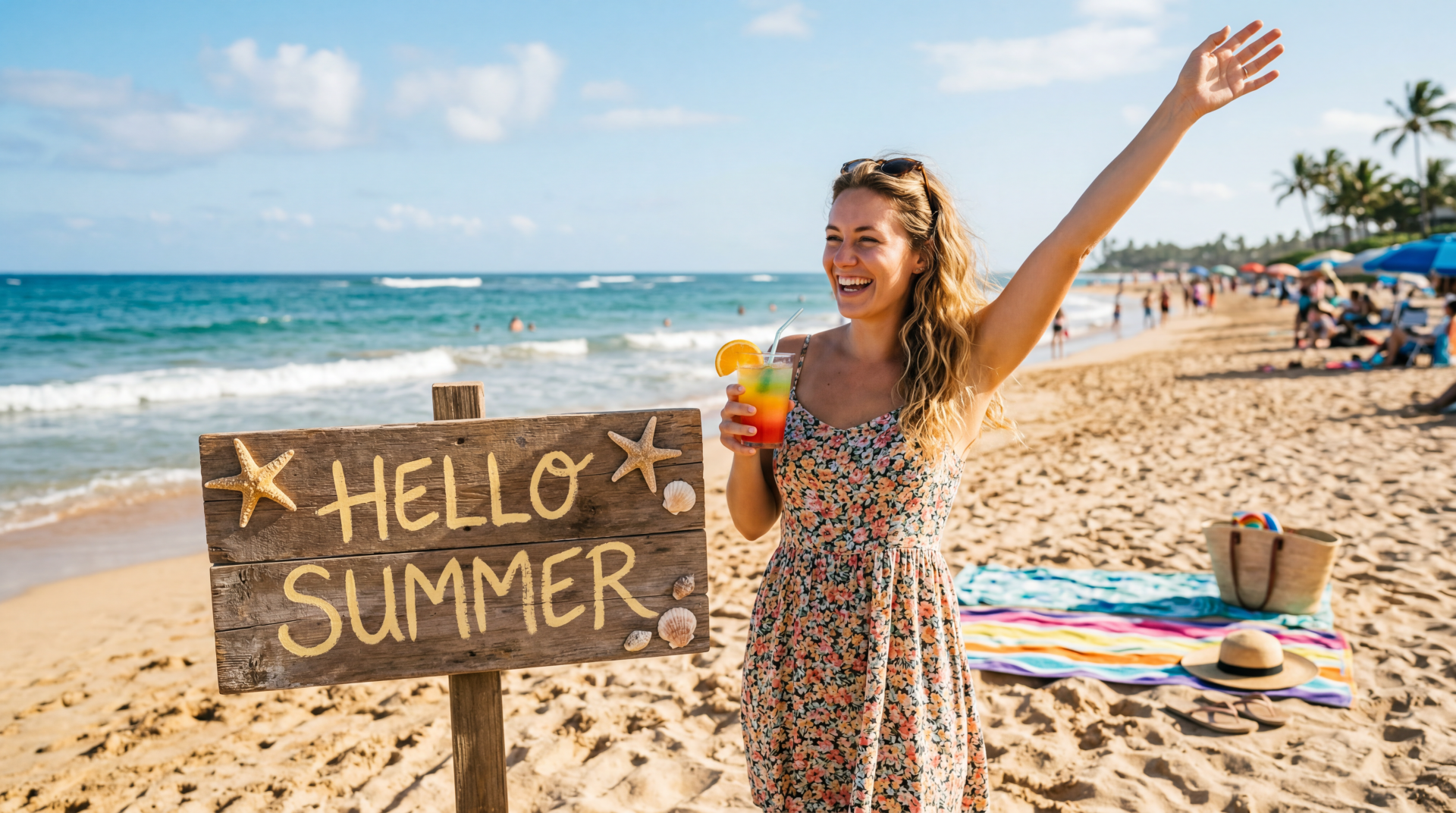 Woman smiling and waving on a sunlit beach with a wooden HELLO SUMMER sign and a tropical drink — vibrant 5K Ultra HD PC desktop wallpaper background.