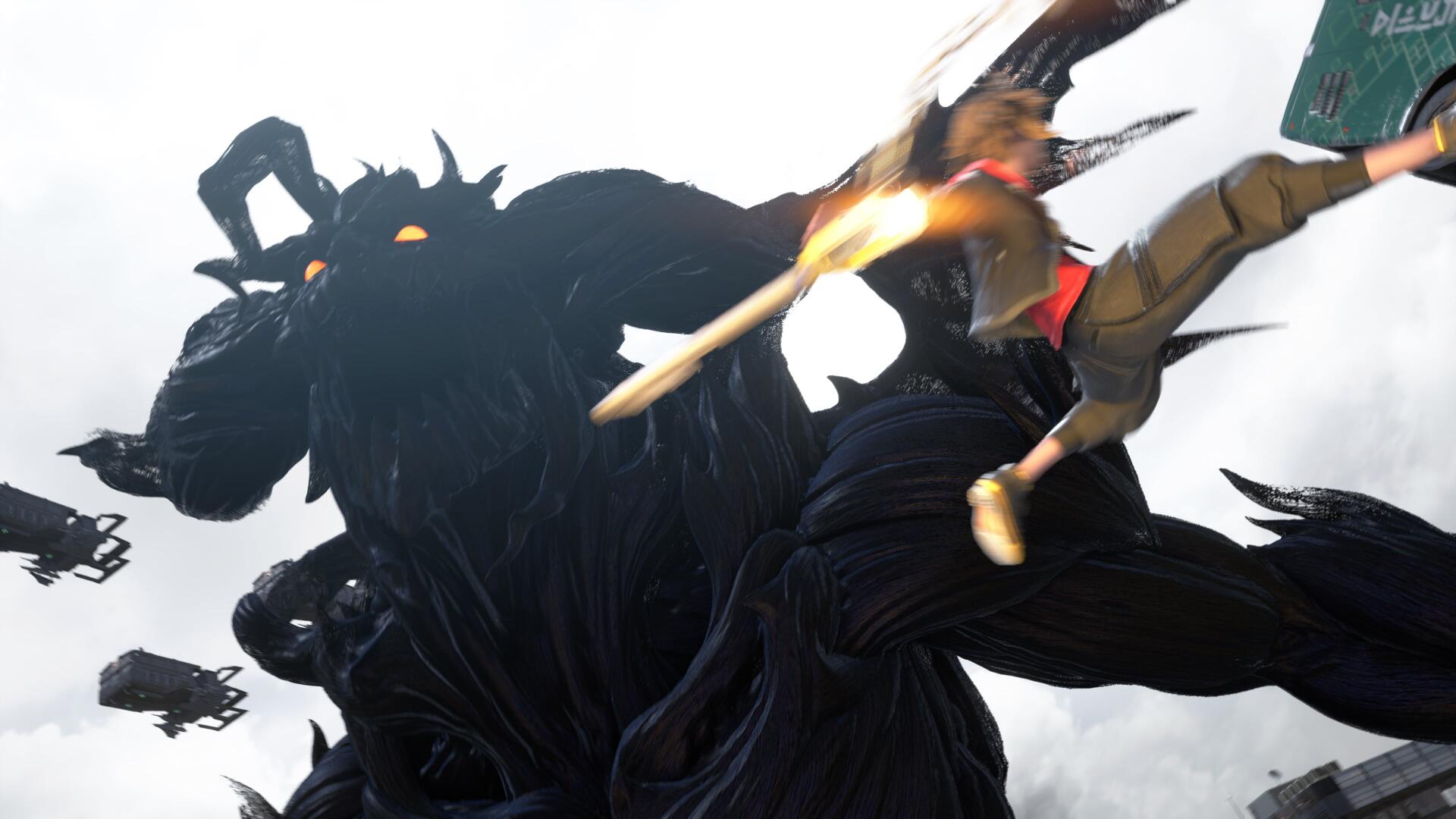 4K Ultra HD PC wallpaper/background for the video game Kingdom Hearts IV: a hero leaps with a flaming Keyblade at a towering shadowy Heartless, dramatic action and high-contrast fantasy art.