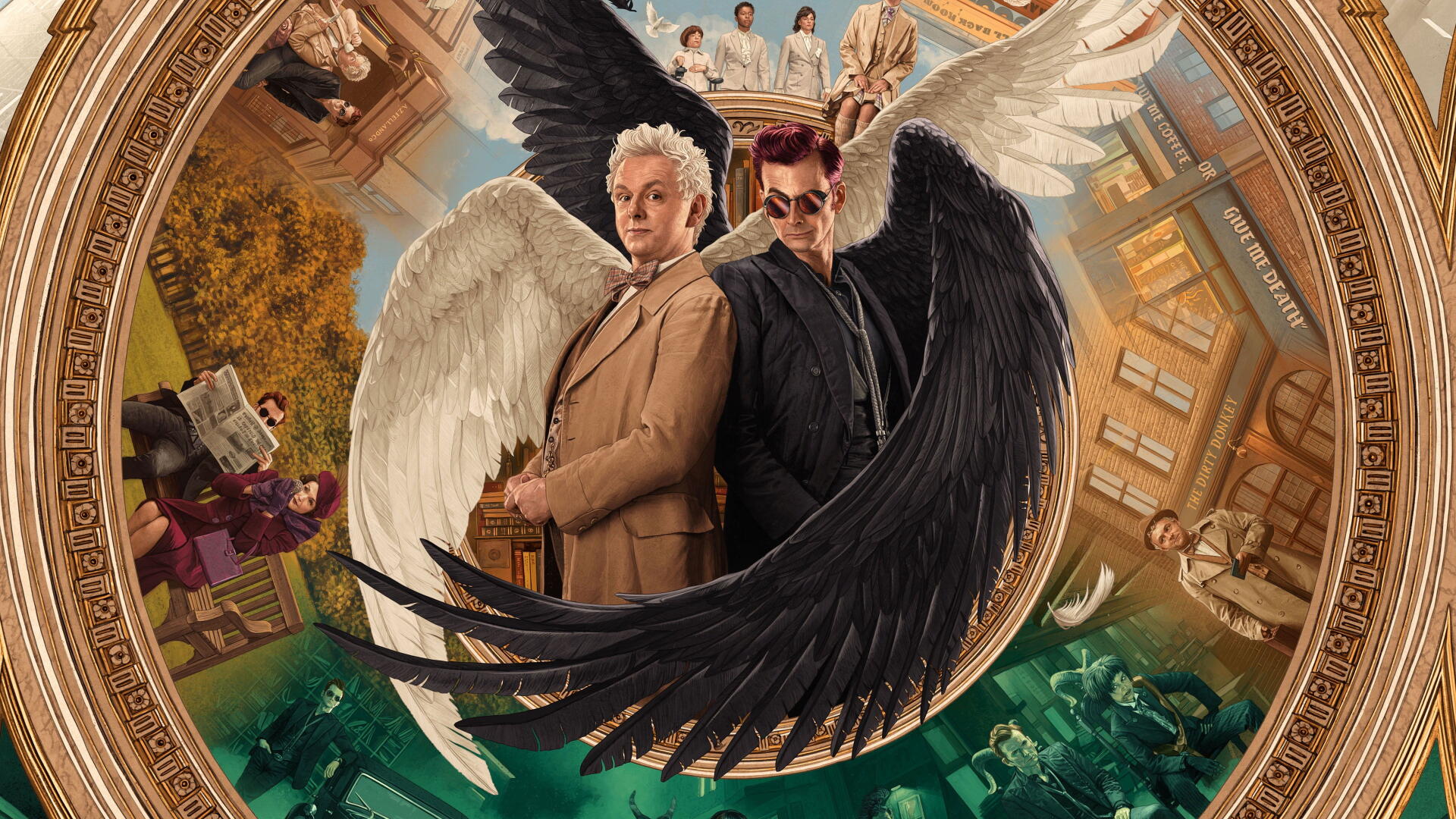 Good Omens 4K Ultra HD PC desktop wallpaper and background: angelic and demonic figures stand back-to-back with white and black wings inside an ornate circular frame, cityscape and heavens.