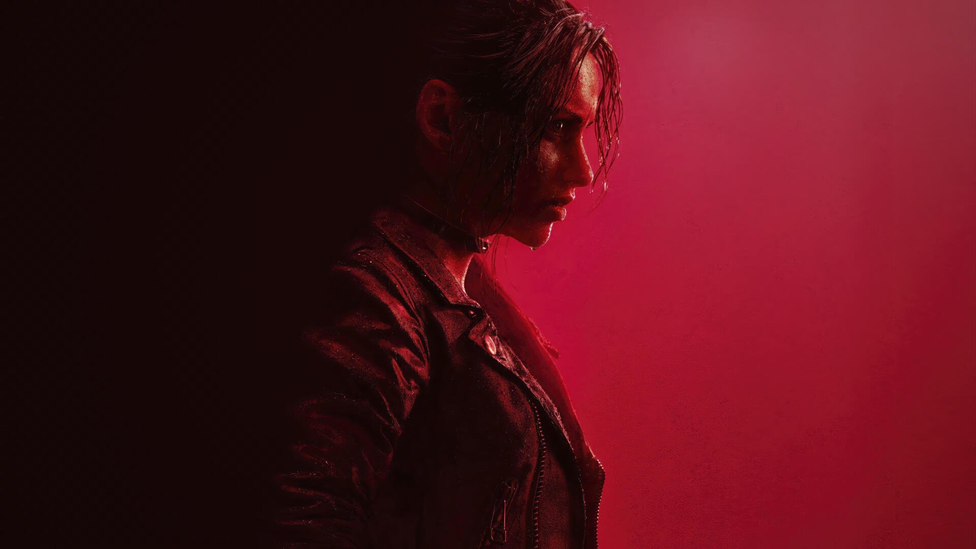 Side-profile of Claire Redfield in red light from Resident Evil Code: Veronica Remake — 4K Ultra HD PC desktop wallpaper and background.