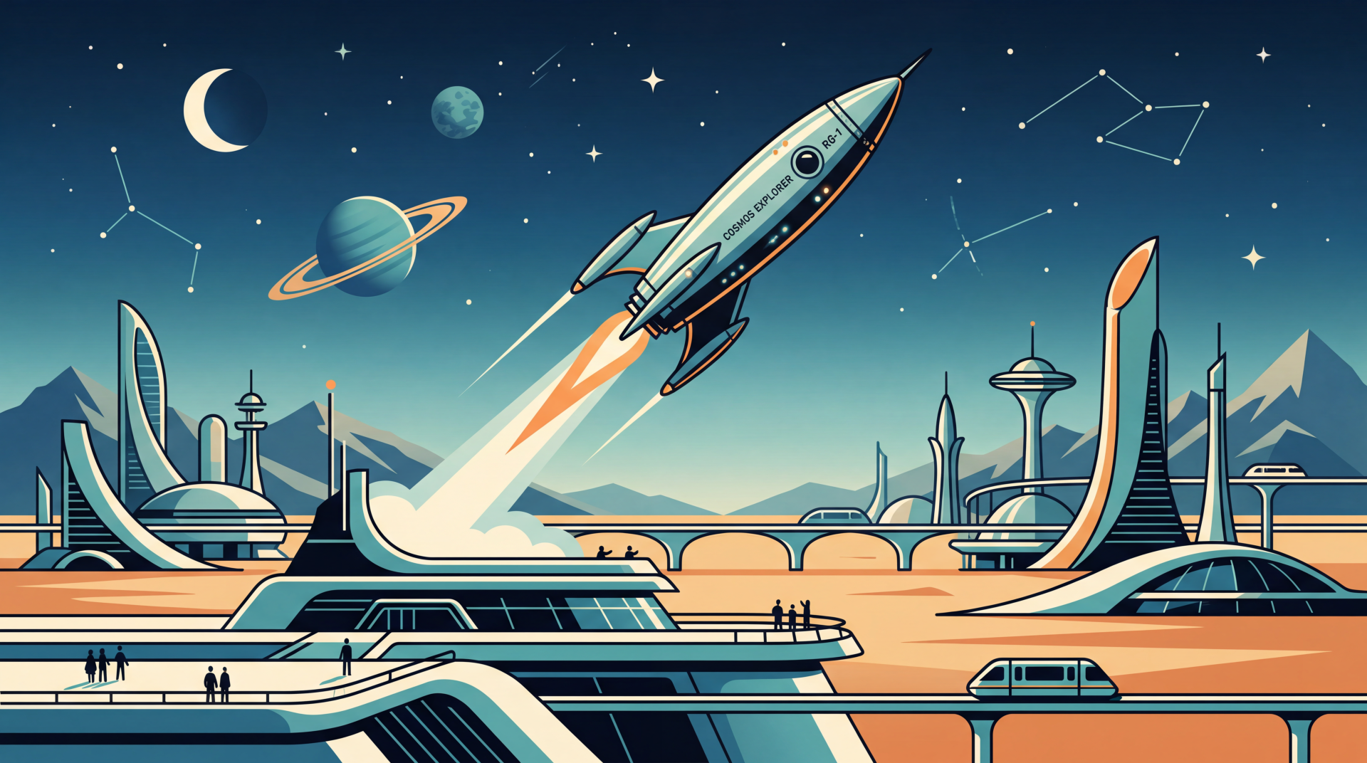 Retro-futuristic cityscape with a rocket launching past planets and constellations, rendered as a 5K Ultra HD PC desktop wallpaper and background.
