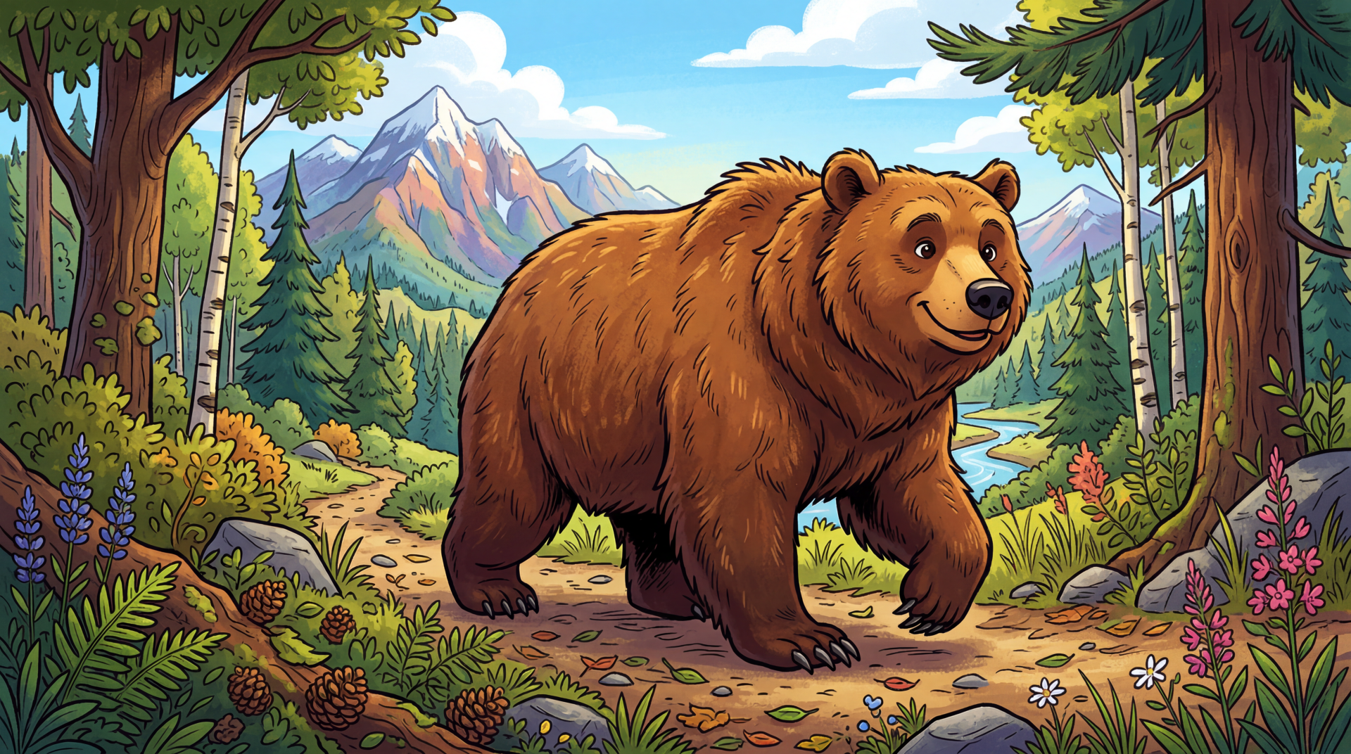 5K Ultra HD PC desktop wallpaper and background: cheerful grizzly walking a forest trail with mountains, river, pine trees under a bright blue sky.