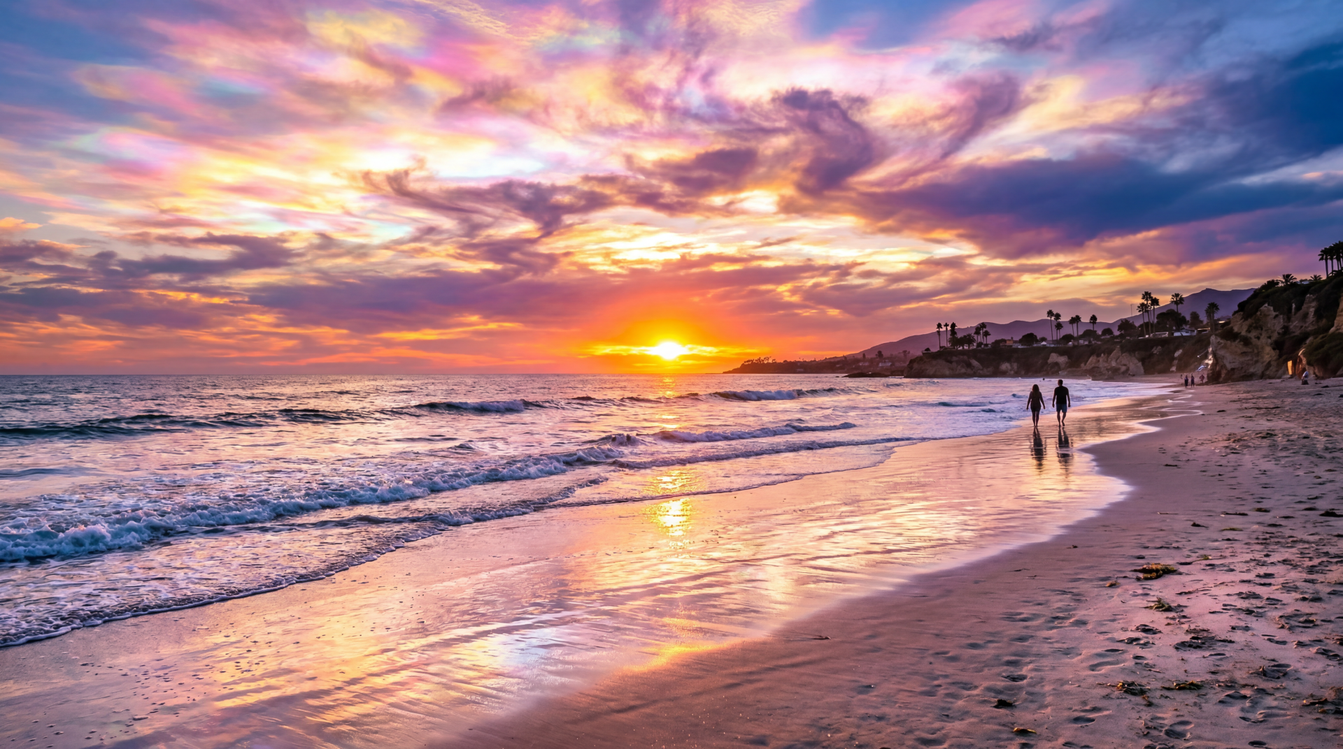 5K Ultra HD PC desktop wallpaper: vibrant beach sunset over calm waves, golden sun on wet sand, two figures walking along the shore.