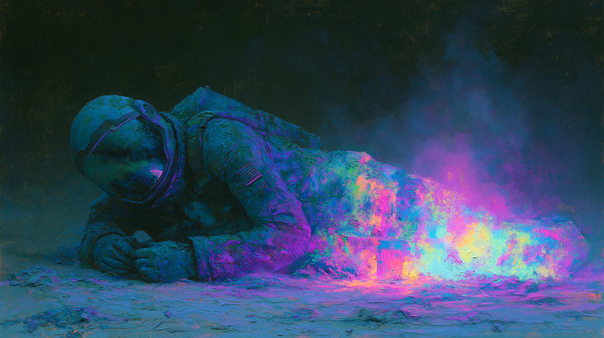 2K Quad HD PC desktop wallpaper/background — sci-fi astronaut lying on alien ground as neon cyan‑pink energy blooms into a smoky aurora.