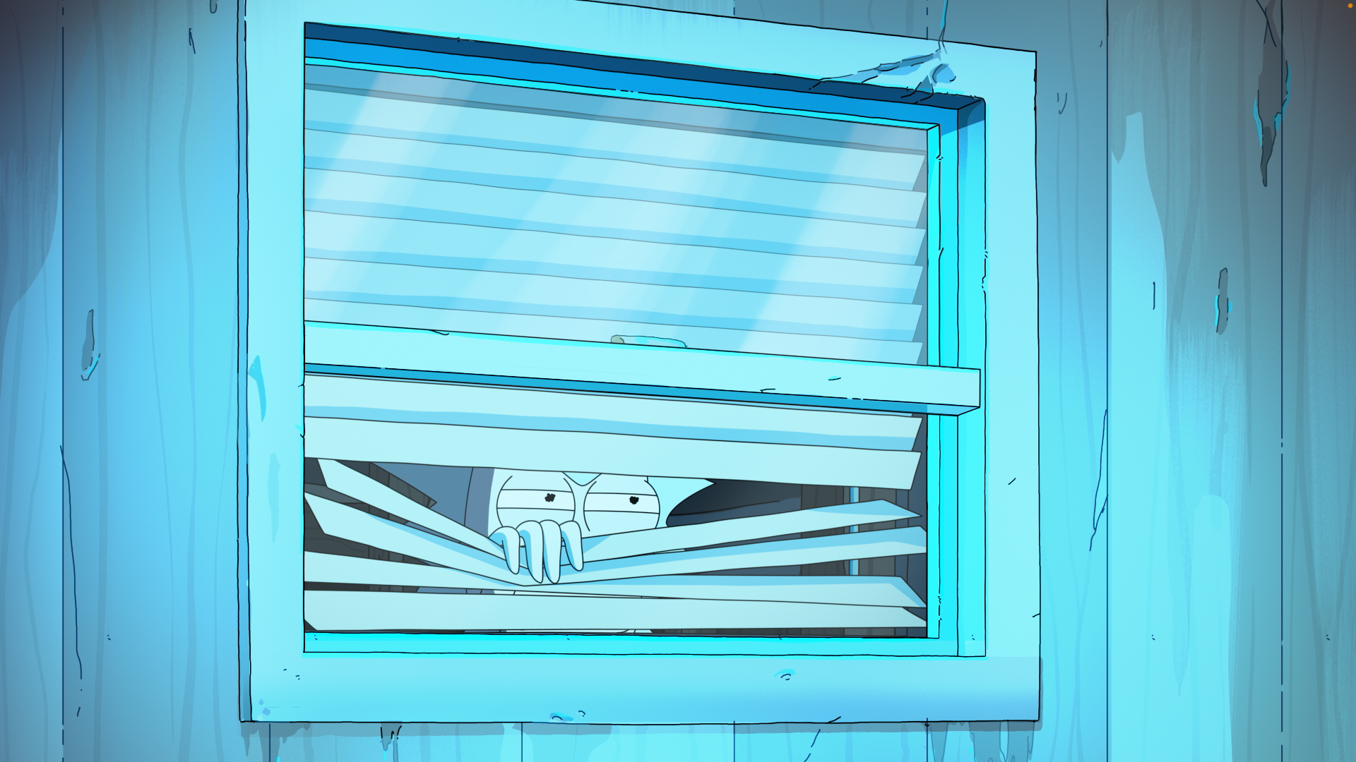 Rick and Morty TV show — season 9 HD PC desktop wallpaper and background: a pale character peers through torn window blinds in a cyan-hued room.
