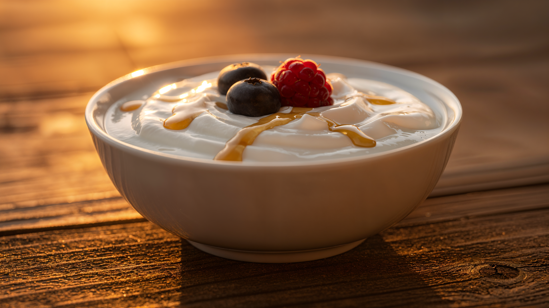 4K Ultra HD PC desktop wallpaper/background: close-up of creamy yogurt in a bowl, topped with blueberries, a raspberry and honey drizzle on a warm wooden surface.