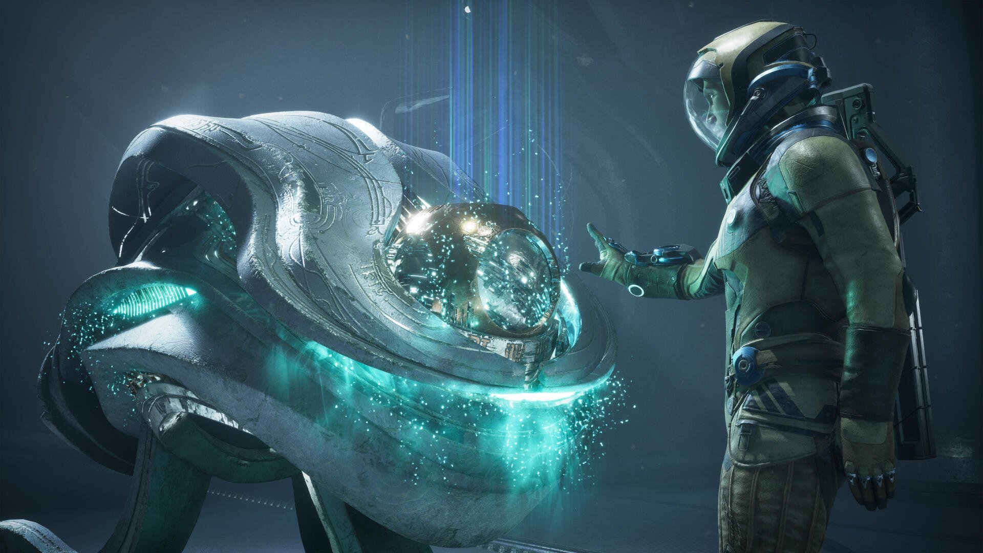 Exodus (2027 video game) 4K Ultra HD PC wallpaper: a suited explorer reaches toward a glowing bioluminescent alien relic cradled in a sleek organic shell, teal light and holographic beams.