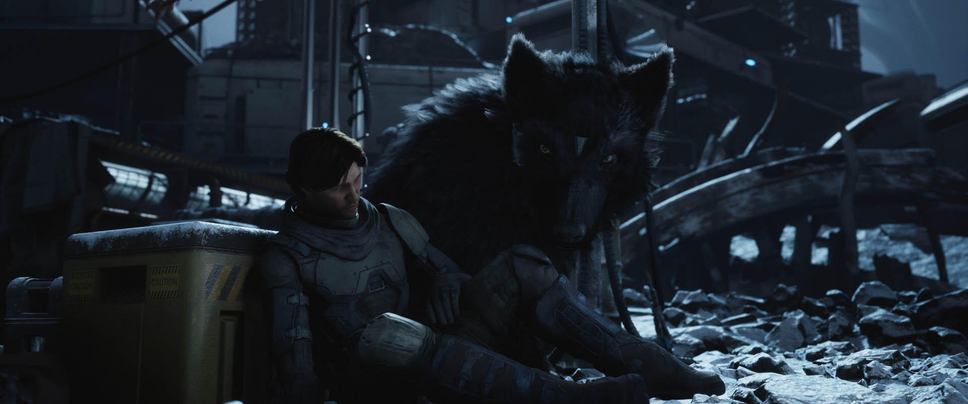 HD PC desktop wallpaper and background from the video game Exodus (2027): an armored protagonist rests against a massive wolf amid a ruined, snowy industrial cityscape at night.