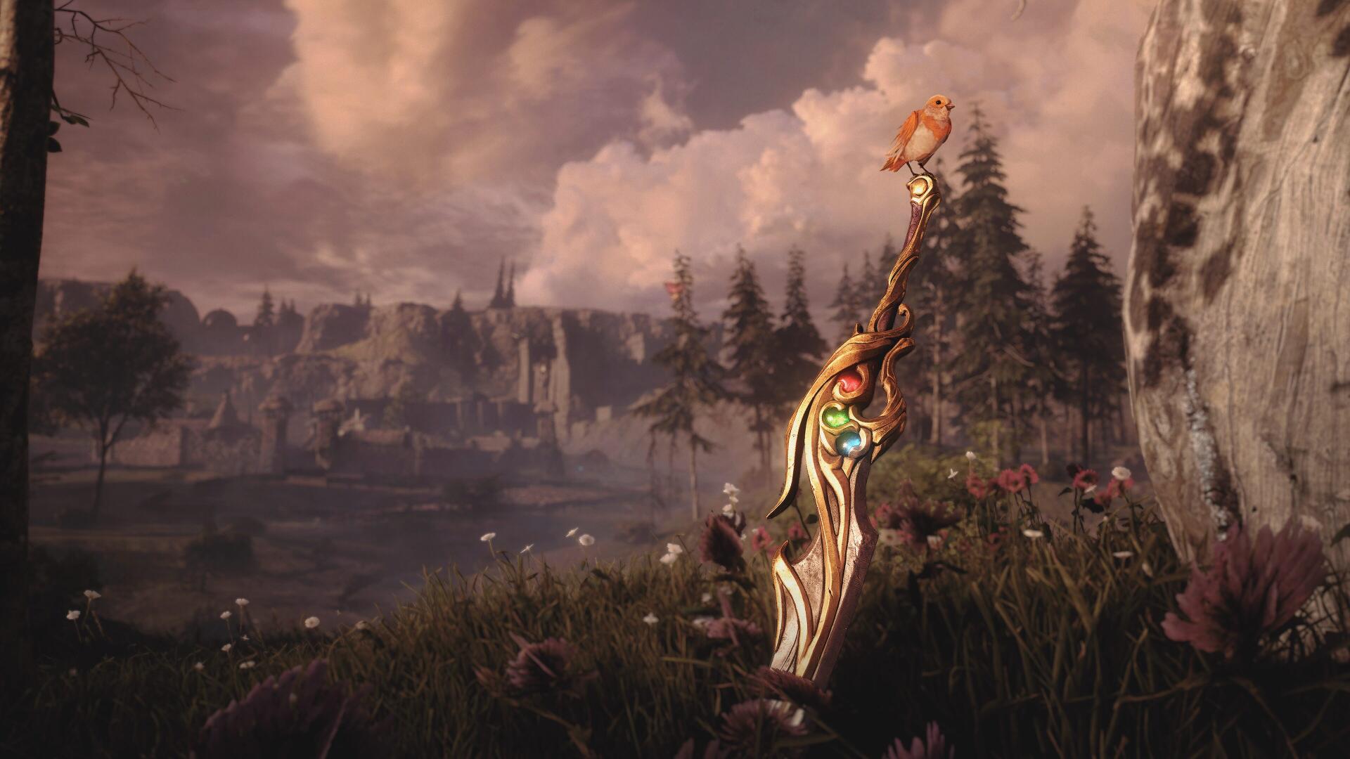 Soulframe video game 4K Ultra HD PC desktop wallpaper: ornate glowing blade-staff in a grassy lakeside meadow, wildflowers, distant castle and dramatic cloudy sky.