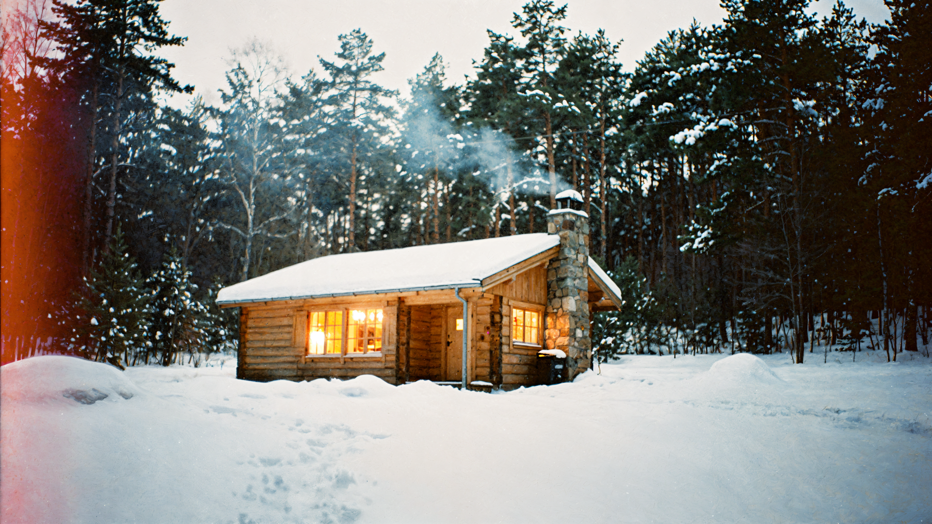 Winter cabin 4K Ultra HD PC desktop wallpaper: warmly lit log cabin in a snowy pine clearing at dusk, chimney smoke rising against a pale winter sky.