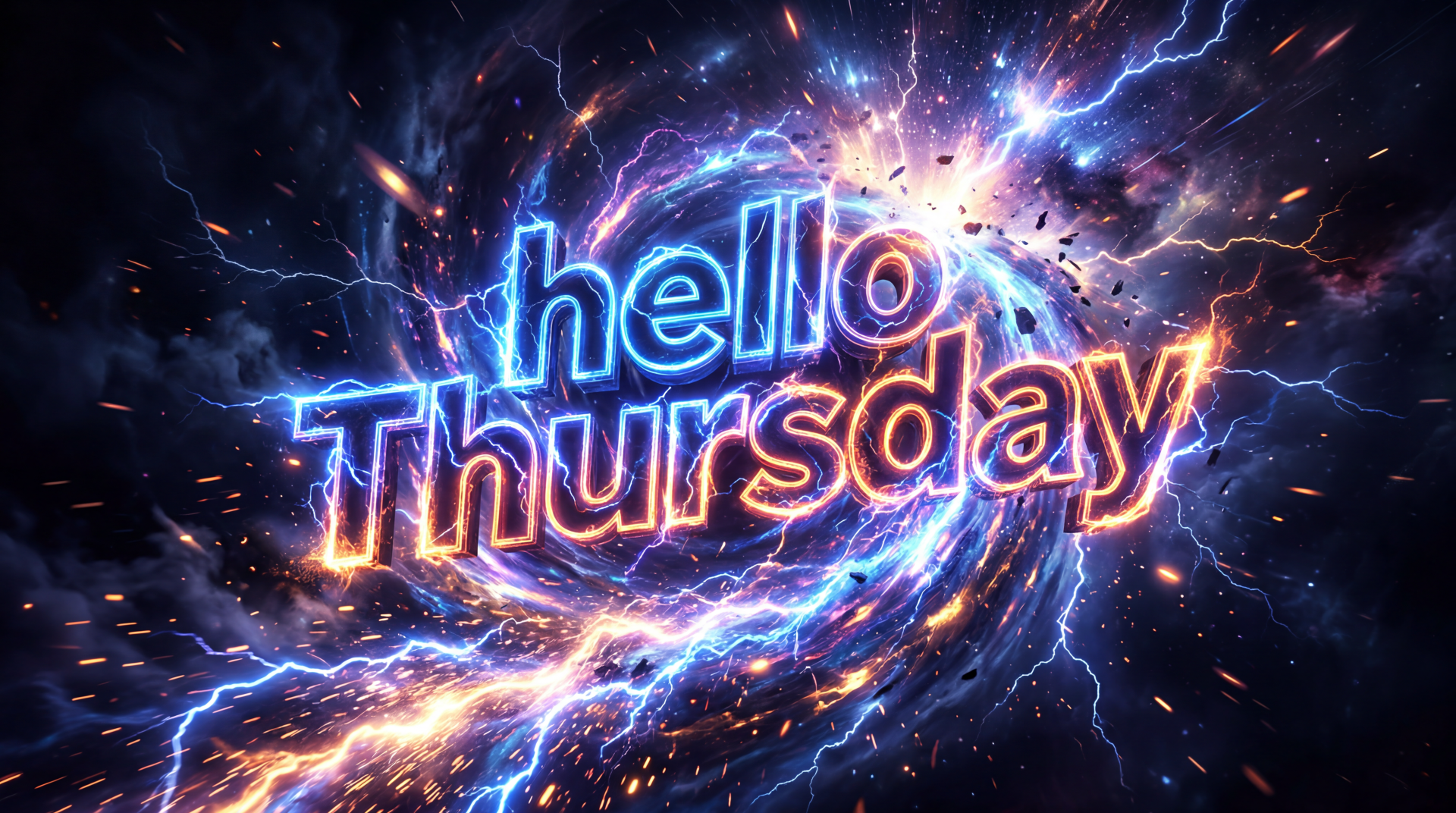 Vibrant 5K Ultra HD PC desktop wallpaper: neon hello Thursday text in a swirling cosmic vortex of blue and orange lightning, sparks, and energy streaks.