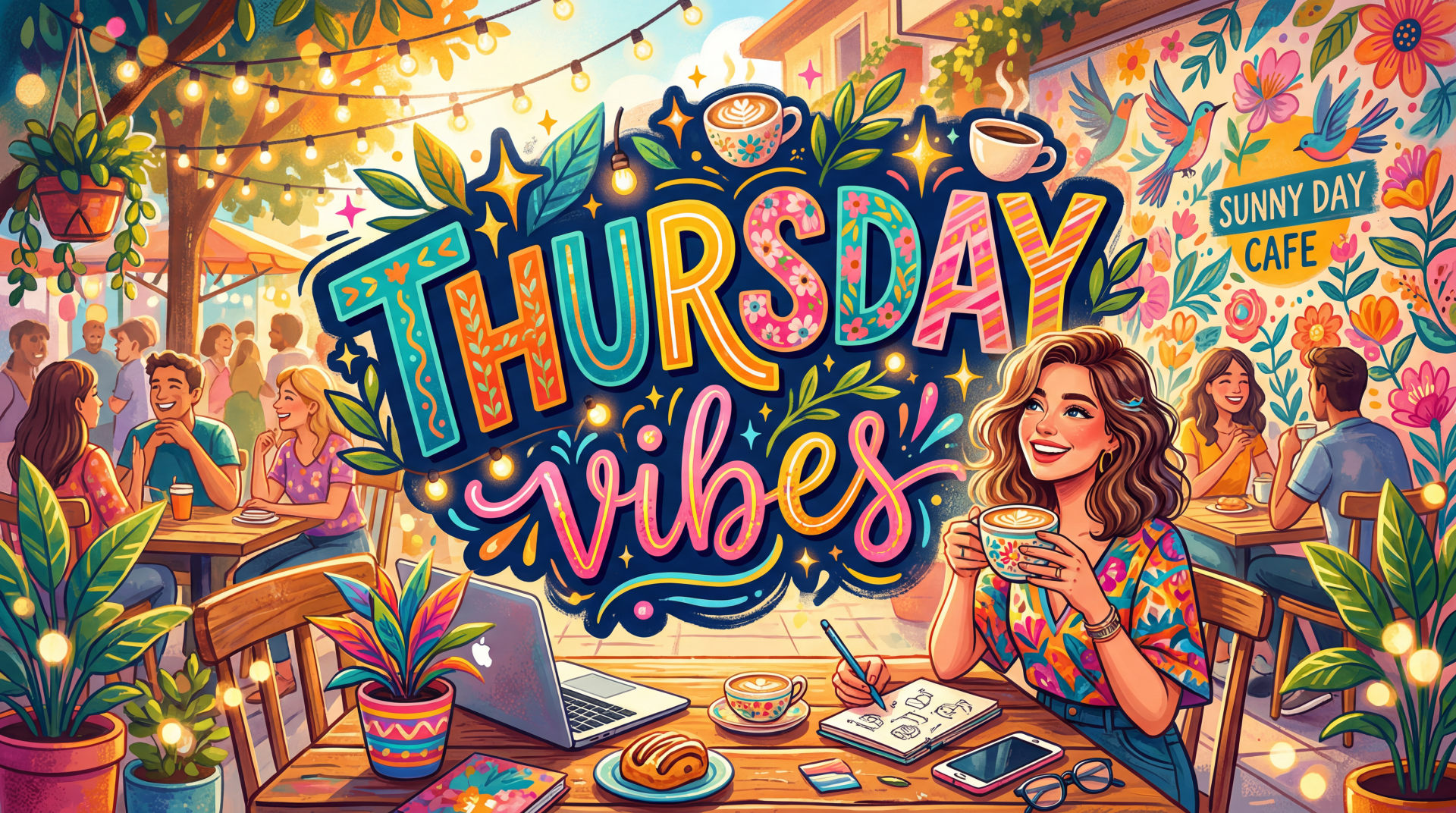 Vibrant 5K Ultra HD PC desktop wallpaper Thursday Vibes: colorful café scene with string lights, handwritten lettering, pastries, and a smiling woman enjoying coffee amid a lively outdoor crowd.