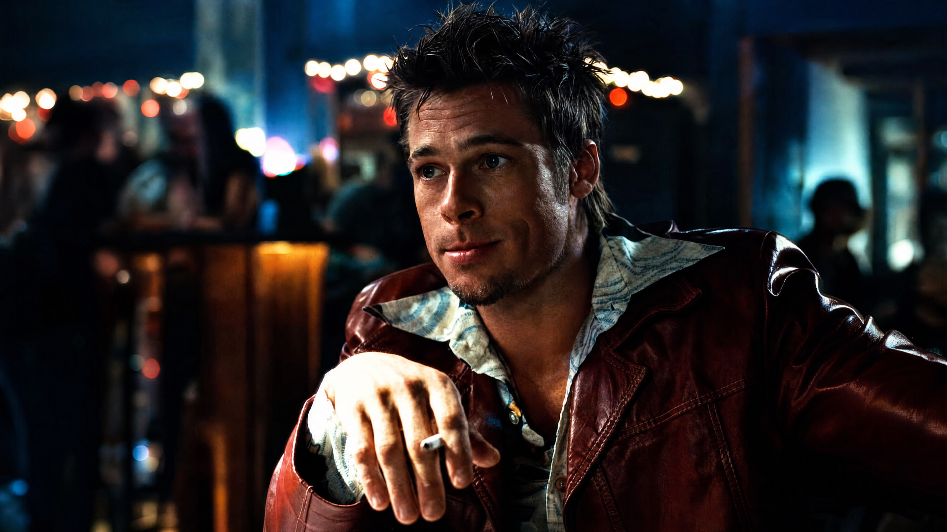 Smirking man in a red leather jacket leans on a dim bar counter; moody Fight Club 4K Ultra HD PC desktop wallpaper and background.