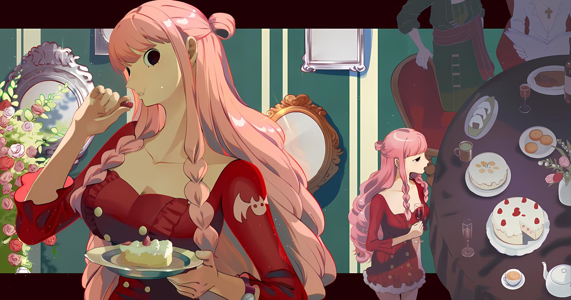 Anime One Piece — Perona in a red dress with braided pink hair eating cake by a mirror; 2K Quad HD PC desktop wallpaper/background with tea set and pastries.