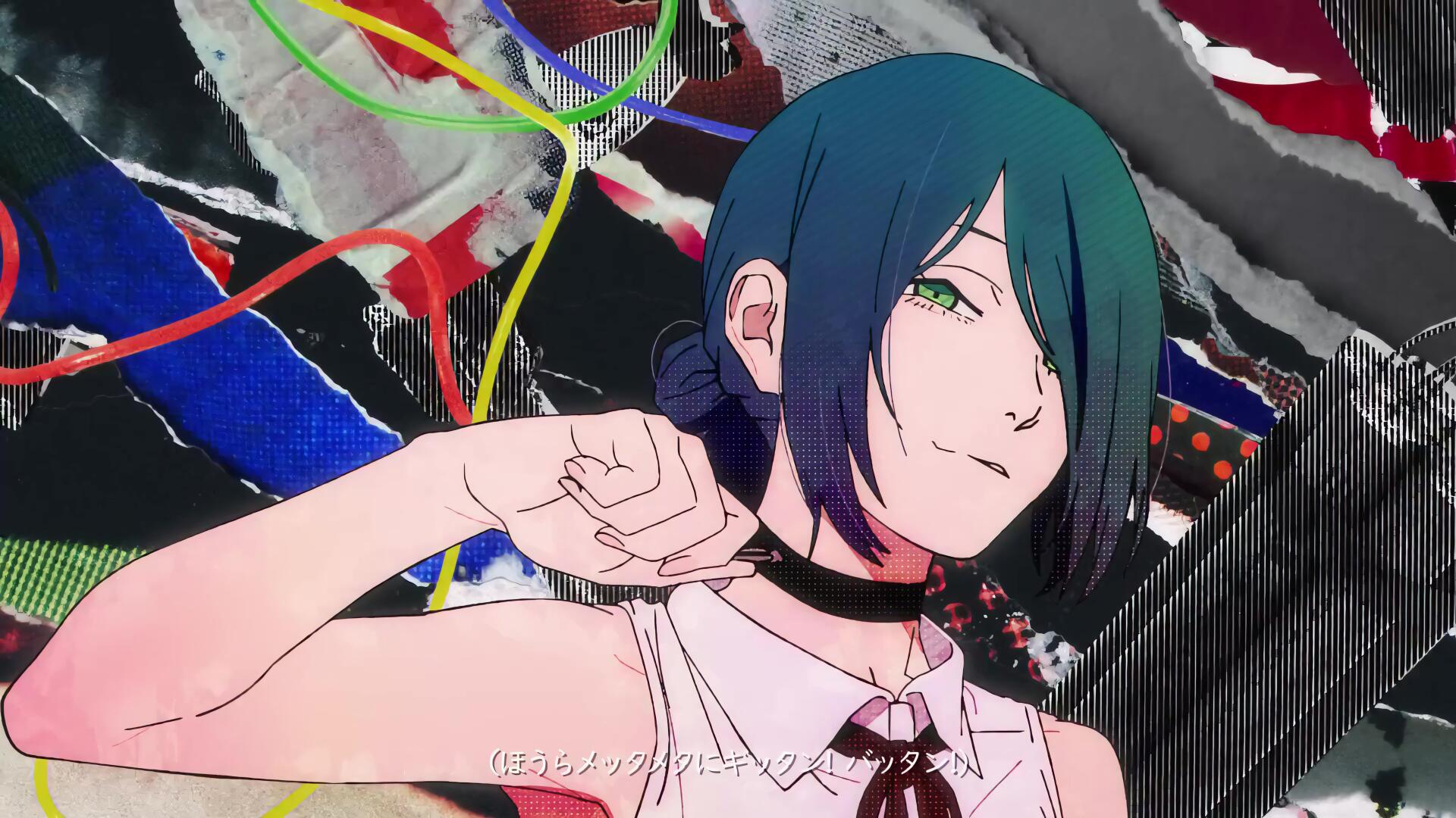 Anime Chainsaw Man — Reze smirking with teal hair and green eyes, wearing a choker and white blouse against a torn, colorful abstract backdrop. 4K Ultra HD PC desktop wallpaper.