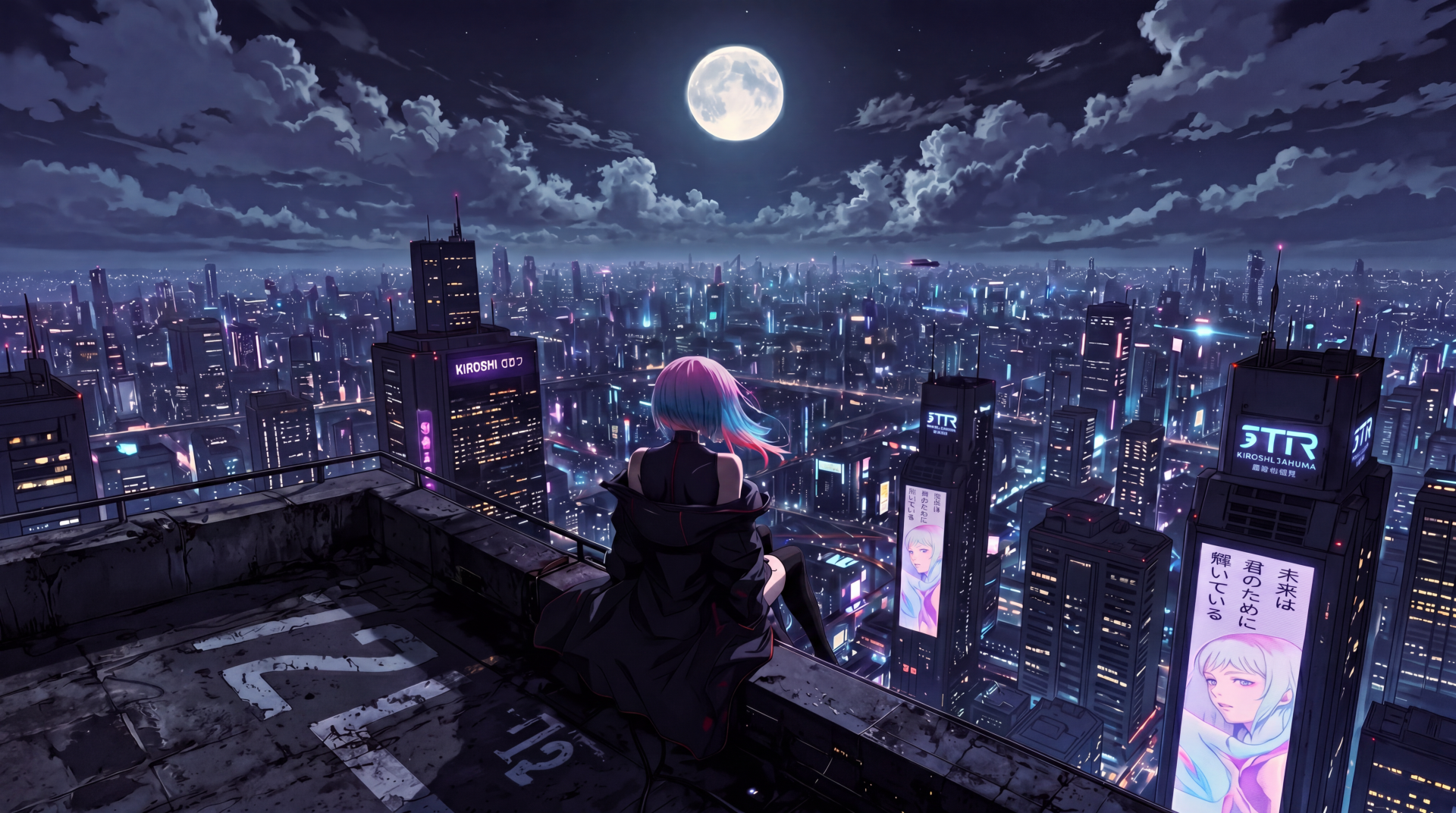 Lucy (Cyberpunk: Edgerunners) perches on a rooftop beneath a full moon, gazing over neon Night City (Cyberpunk 2077) in anime-style 5K Ultra HD.