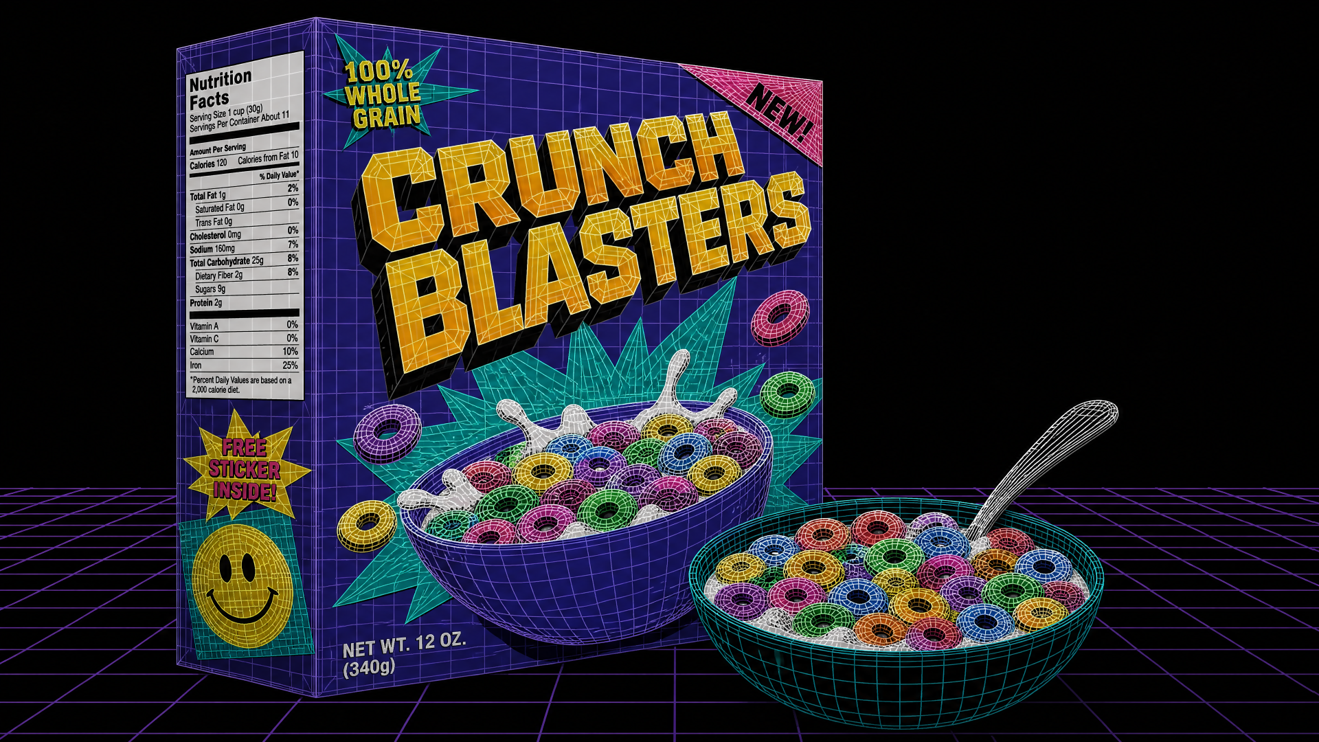 4K Ultra HD PC desktop wallpaper and background showing a retro Crunch Blasters cereal box and a bowl of colorful ring cereal with a spoon on a neon grid backdrop.