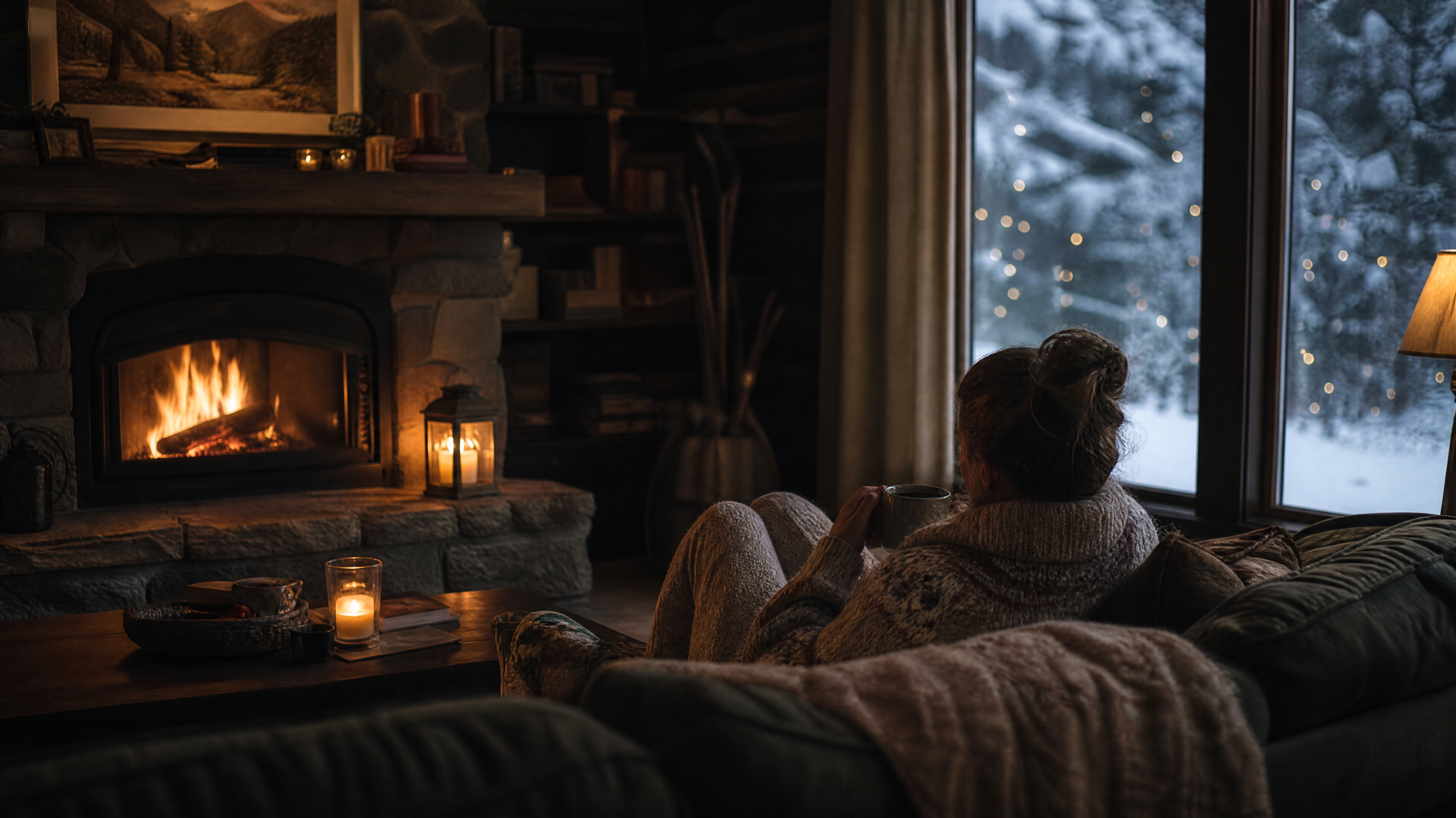 Cozy winter 4K Ultra HD PC desktop wallpaper: a person wrapped in blankets on a sofa by a crackling fireplace and candles, gazing out at snow through a window.