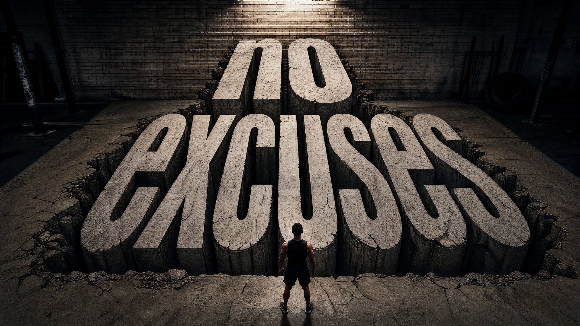 Person stands before massive 3D stone letters spelling NO EXCUSES in a shadowy industrial room — bold 4K Ultra HD PC desktop wallpaper/background.