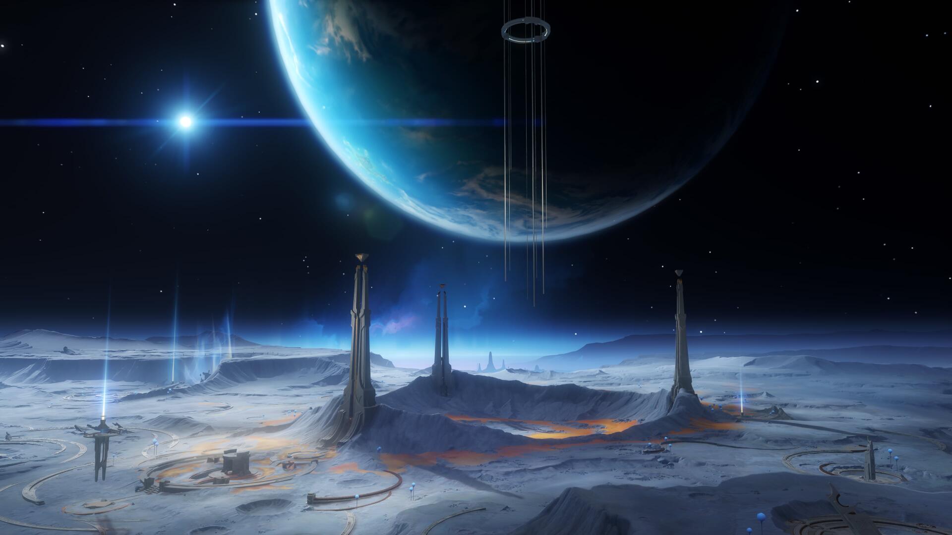 Genshin Impact Luna VIII 4K Ultra HD PC desktop wallpaper: moonlike landscape with towering spires, radiant light pillars and a blue planet looming over a cratered surface, video game art.