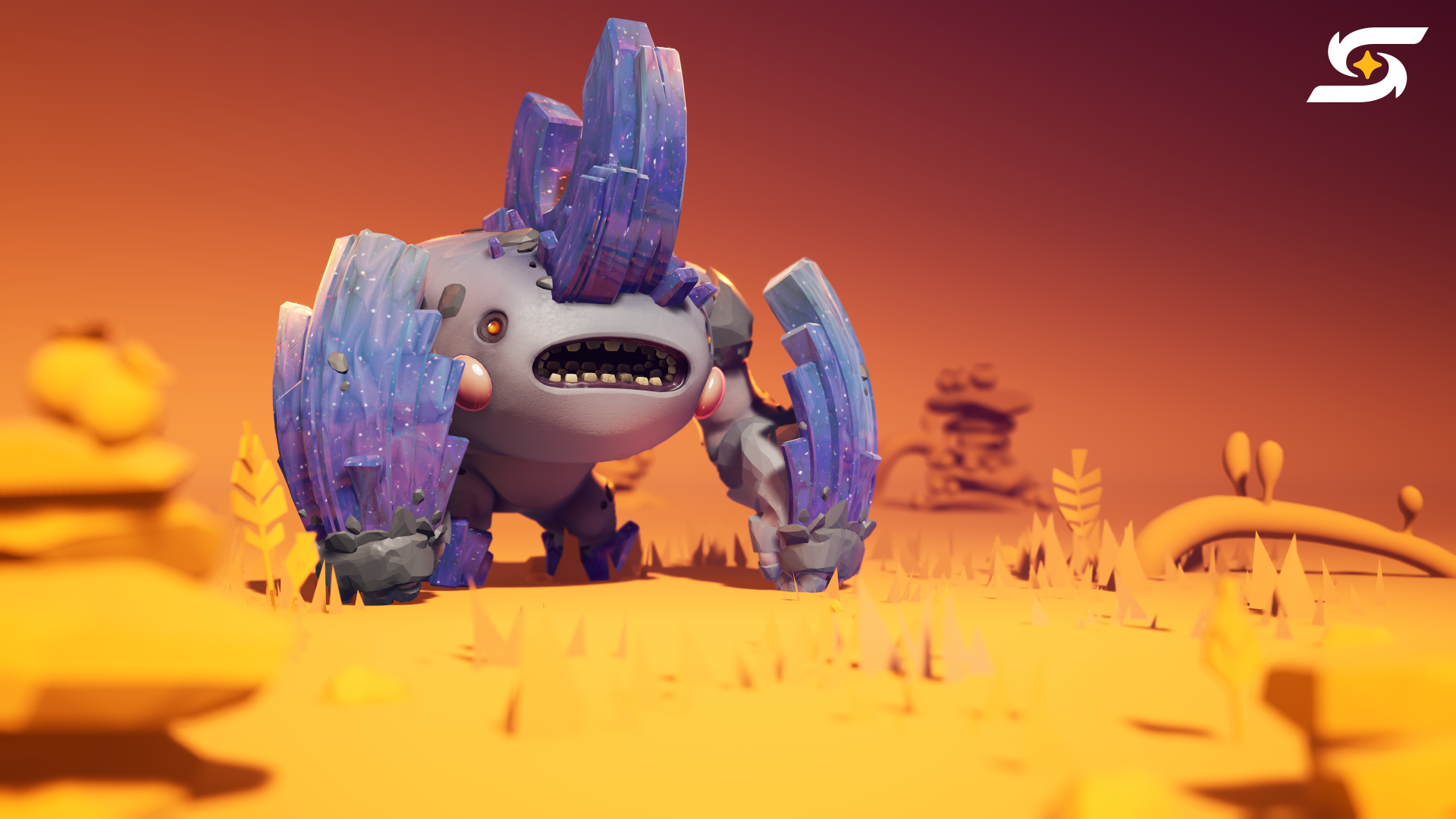 4K Ultra HD PC desktop wallpaper/background for the video game Starseeker: Astroneer Expeditions, showing a crystal‑armored rock creature traversing orange alien plains at sunset.