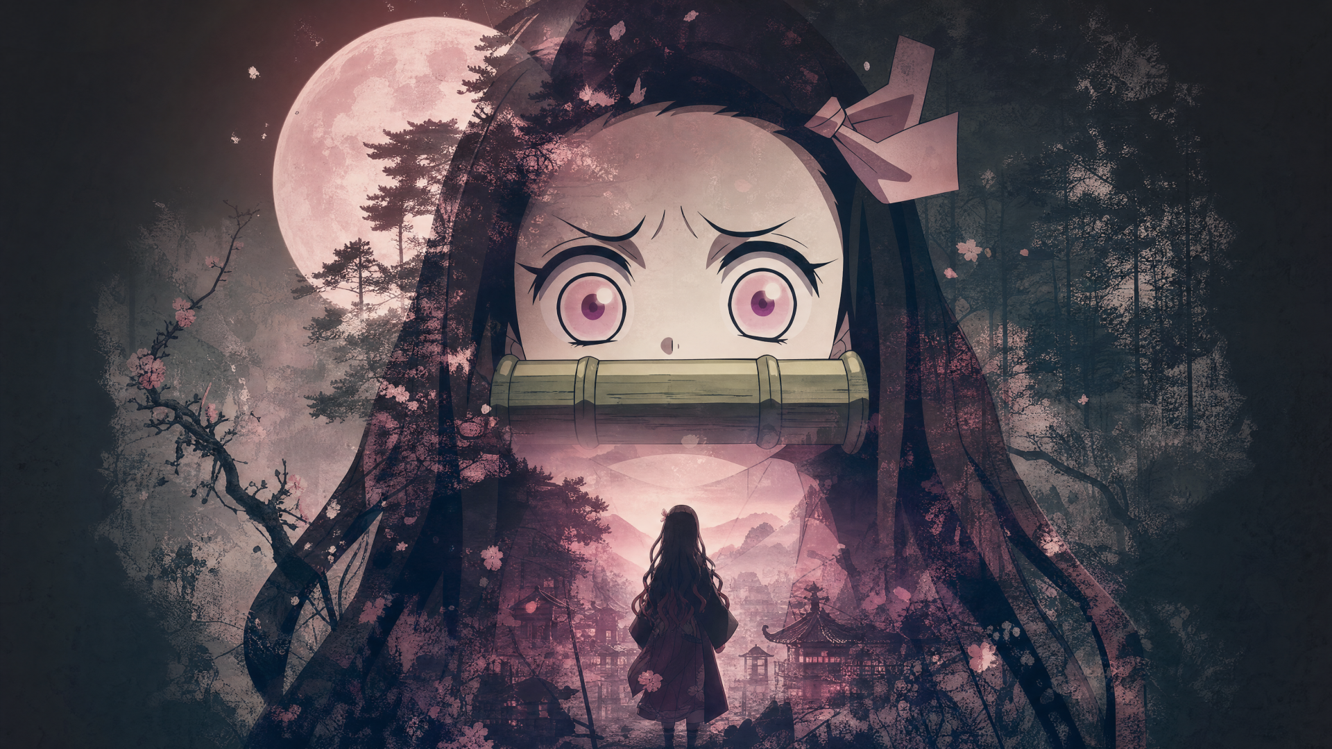 Nezuko Kamado 4K Ultra HD PC desktop wallpaper: oversized moonlit close-up with bamboo muzzle, wide pink eyes, silhouetted figure walking into a cherry-blossom forest.