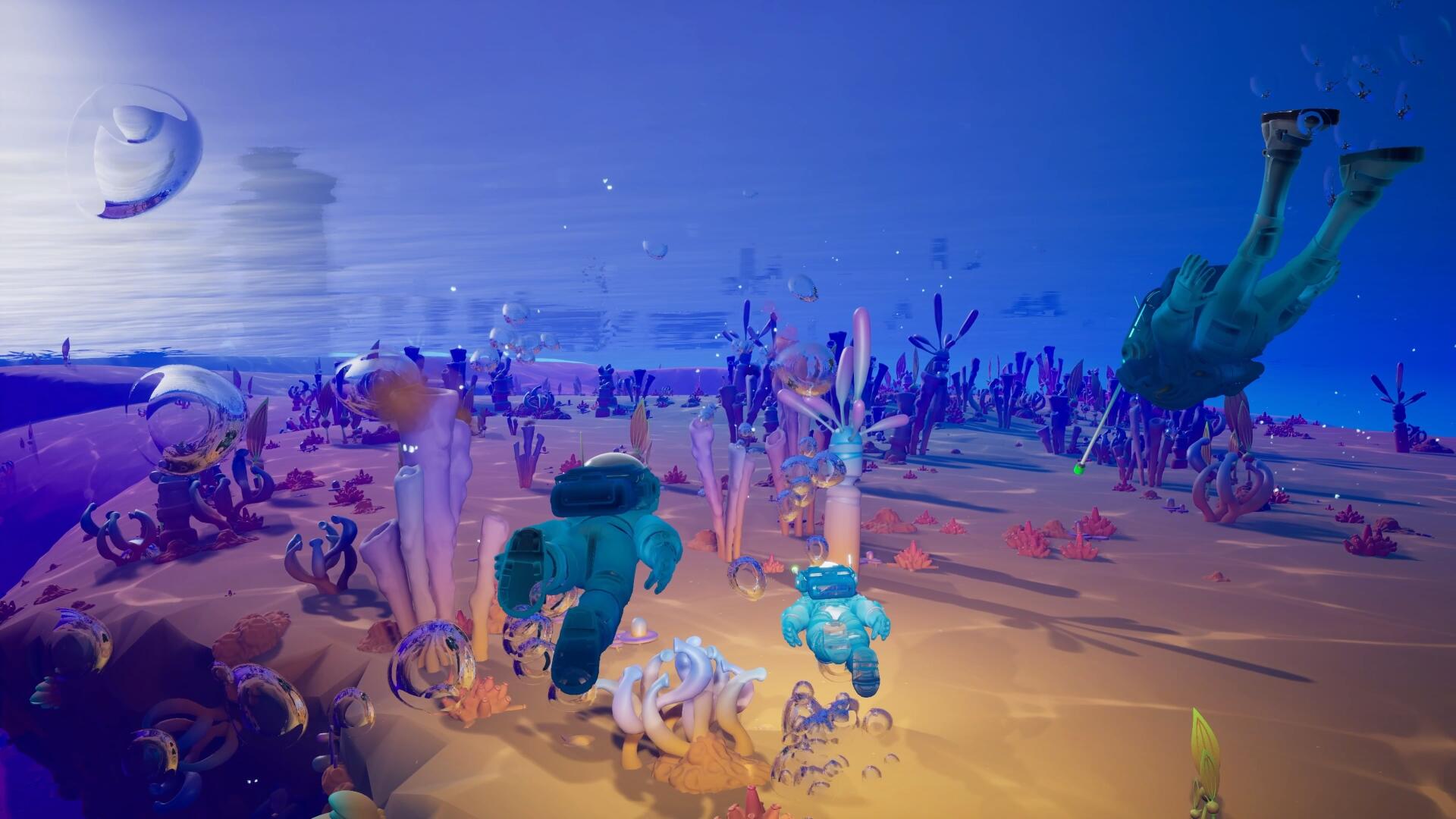 4K Ultra HD PC desktop wallpaper of video game Starseeker: Astroneer Expeditions — two suited explorers cross a vibrant alien landscape dotted with strange flora, distant moons and drifting debris.