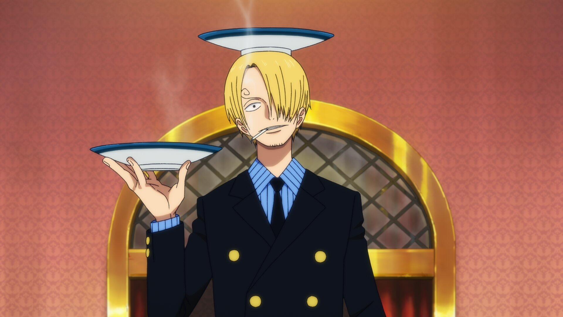 HD PC desktop wallpaper: Anime character Sanji from One Piece — blond-haired cook in a dark double-breasted suit balancing a steaming plate on his finger against an arched golden backdrop.