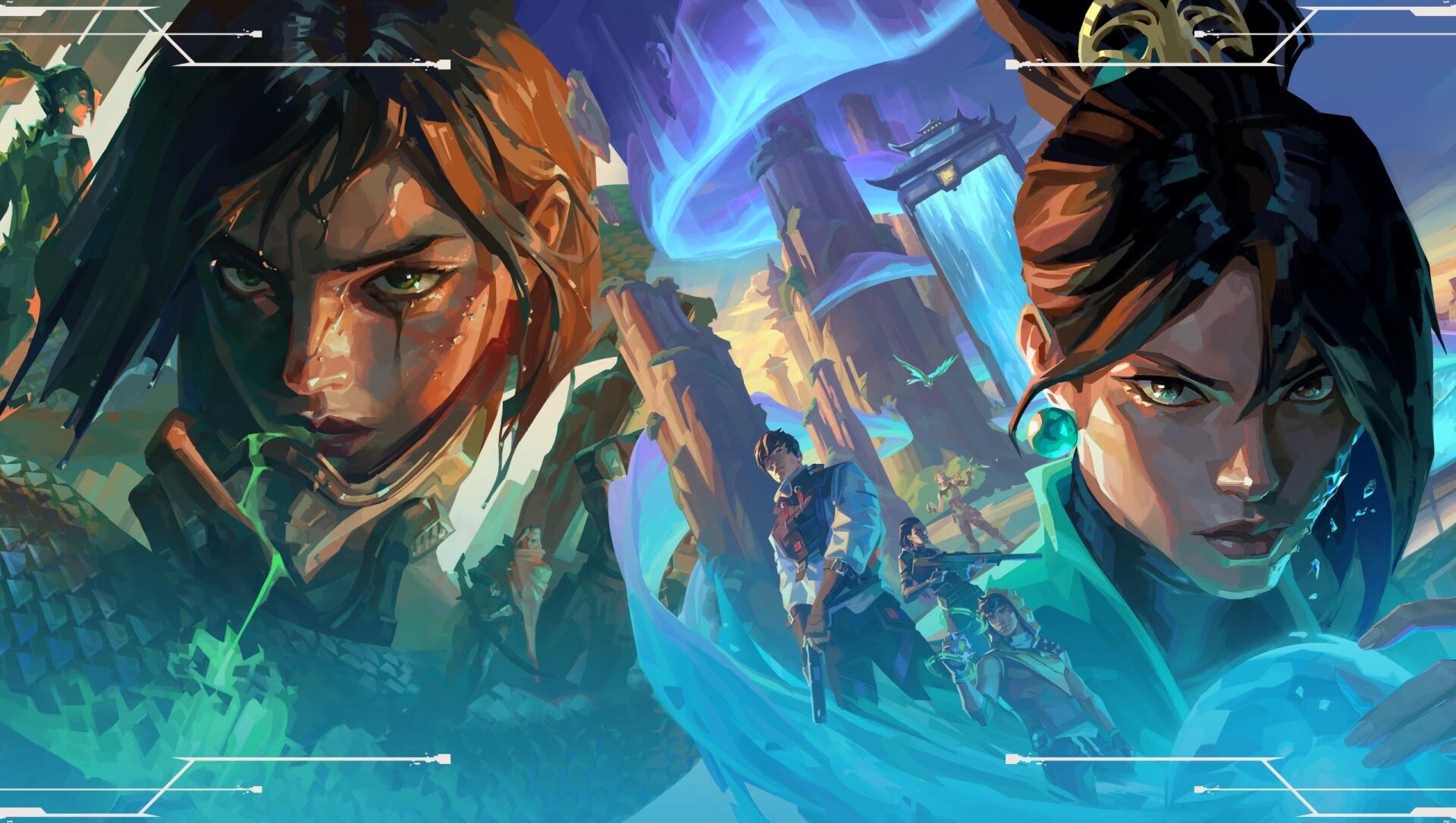 2K Quad HD PC desktop wallpaper featuring Valorant agents Sage, Viper, Iso, Reyna in stylized portraits with cyan energy and a futuristic battlefield backdrop.