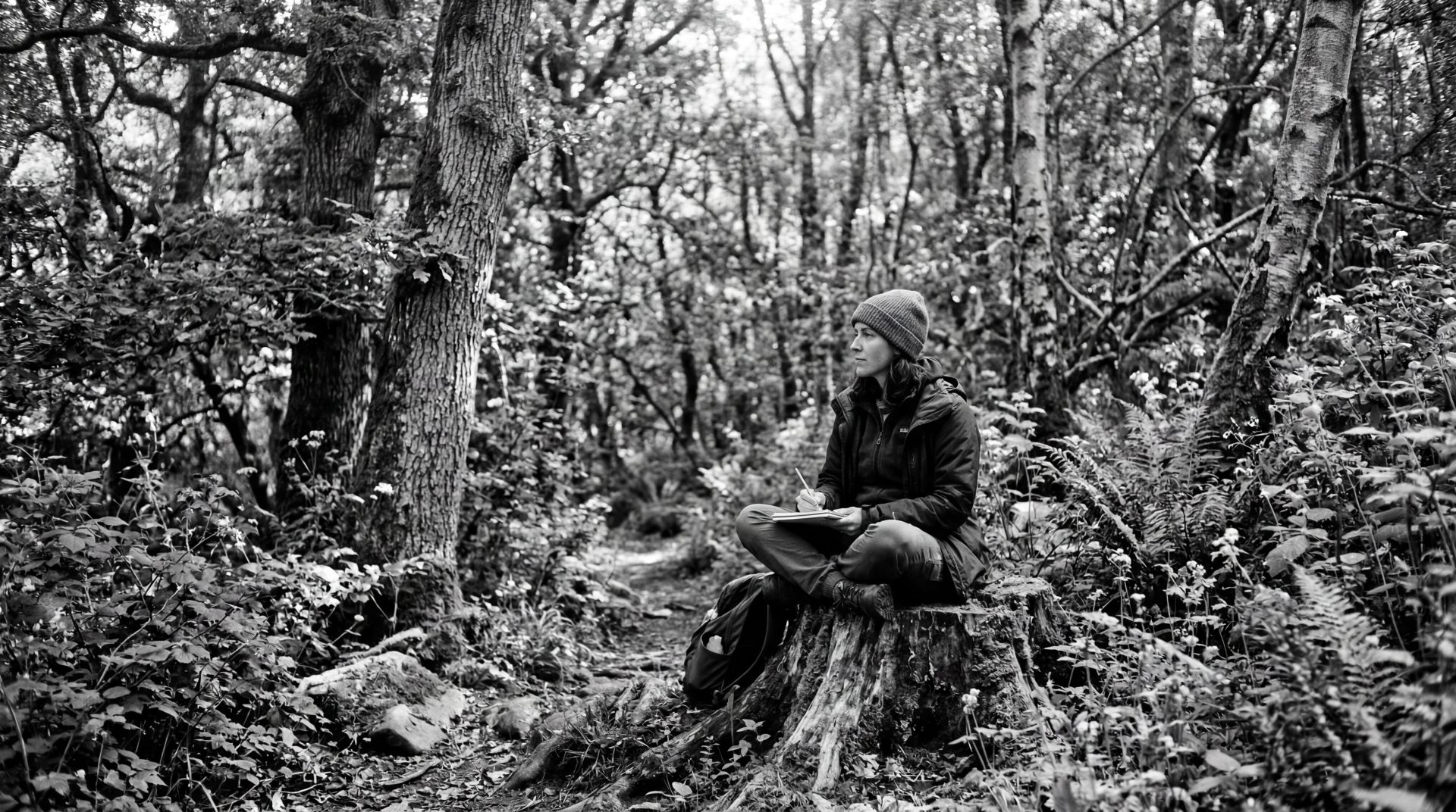 Grayscale 5K Ultra HD PC desktop wallpaper: a person in a beanie and jacket sits on a tree stump in a dense forest, surrounded by ferns and tall trees.