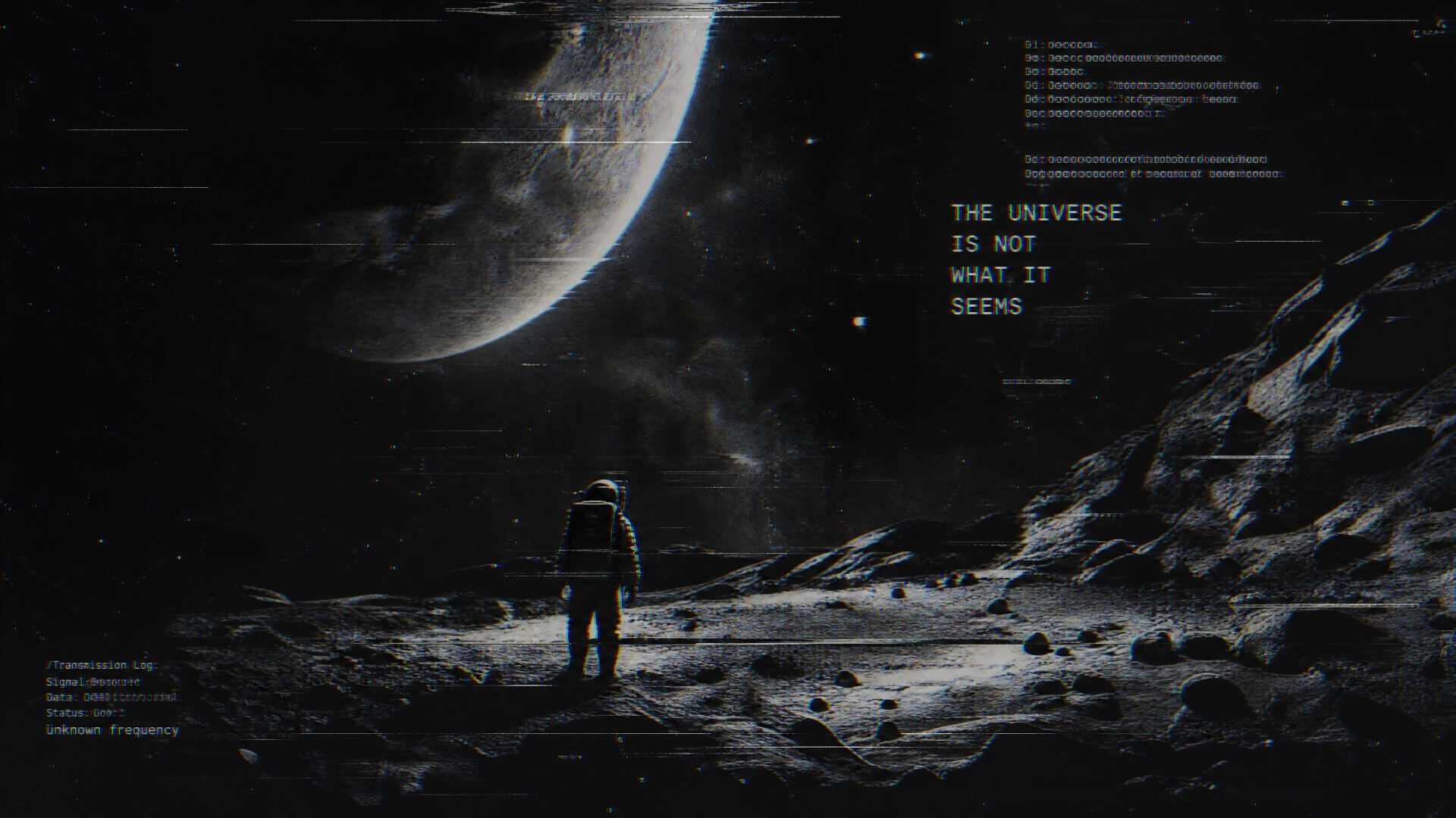 Astronaut on a rocky lunar surface beneath a crescent planet with digital HUD overlays — dark, high-detail deep space exploration scene, 4K Ultra HD PC desktop wallpaper/background.