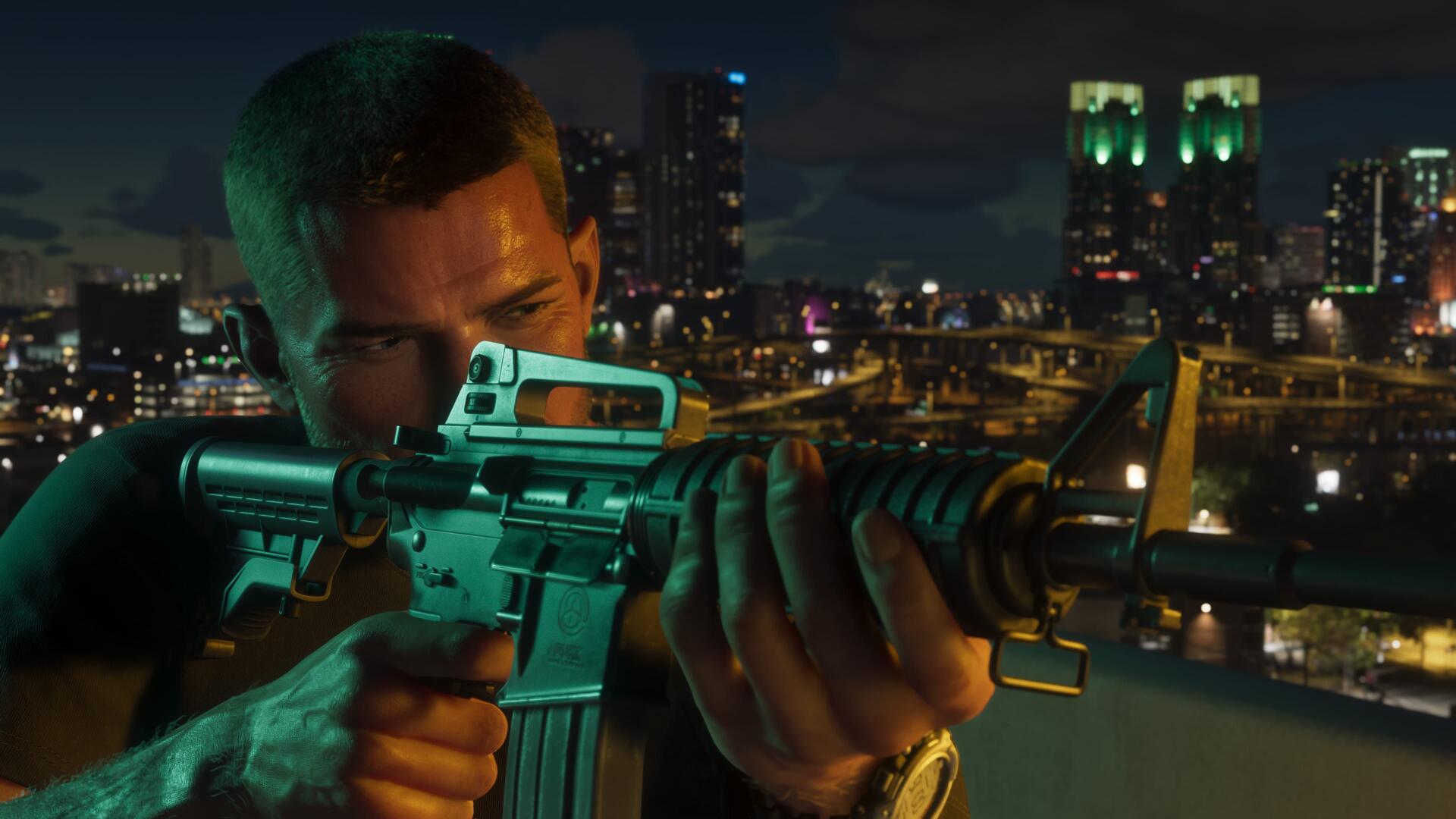 Jason Duval from the video game Grand Theft Auto VI aims a rifle over a neon-lit city skyline at night — 4K Ultra HD PC wallpaper background.