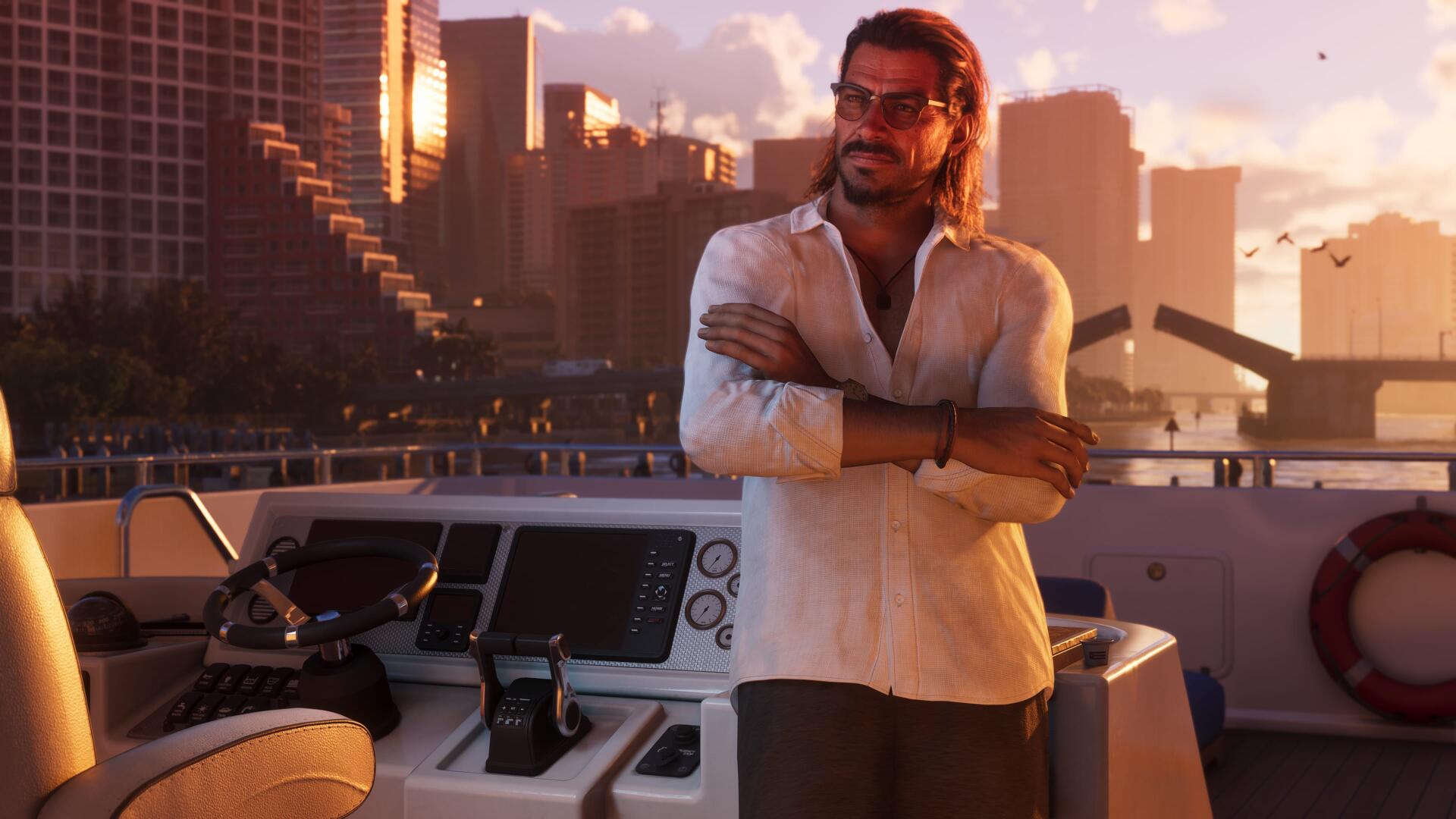 Raul Bautista from the video game Grand Theft Auto VI leans on a yacht at sunset with a city skyline — 4K Ultra HD PC desktop wallpaper background.