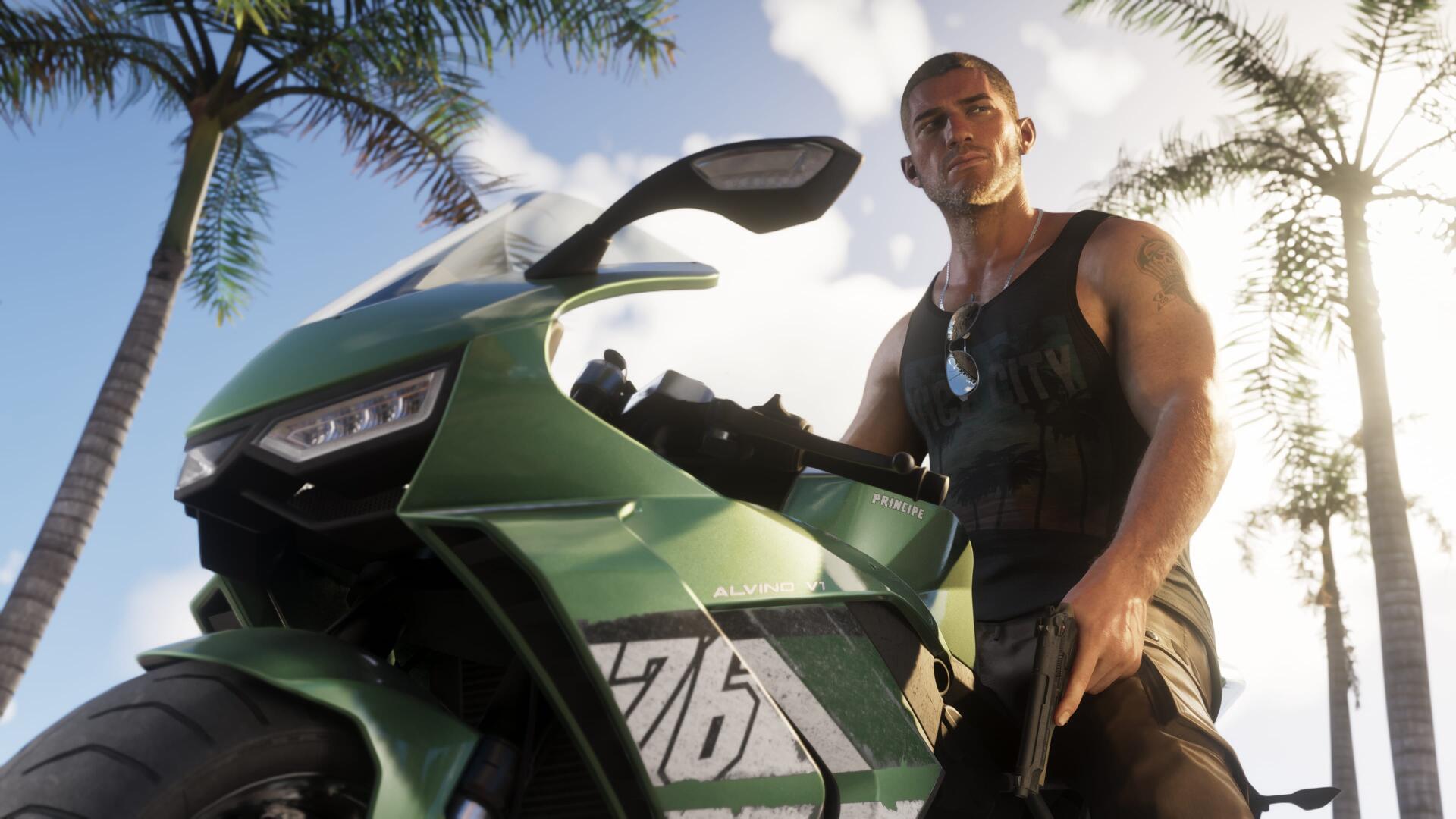 4K Ultra HD PC desktop wallpaper from the video game Grand Theft Auto VI showing Jason Duval leaning on a green sport motorcycle by palm trees on a sunlit tropical street.