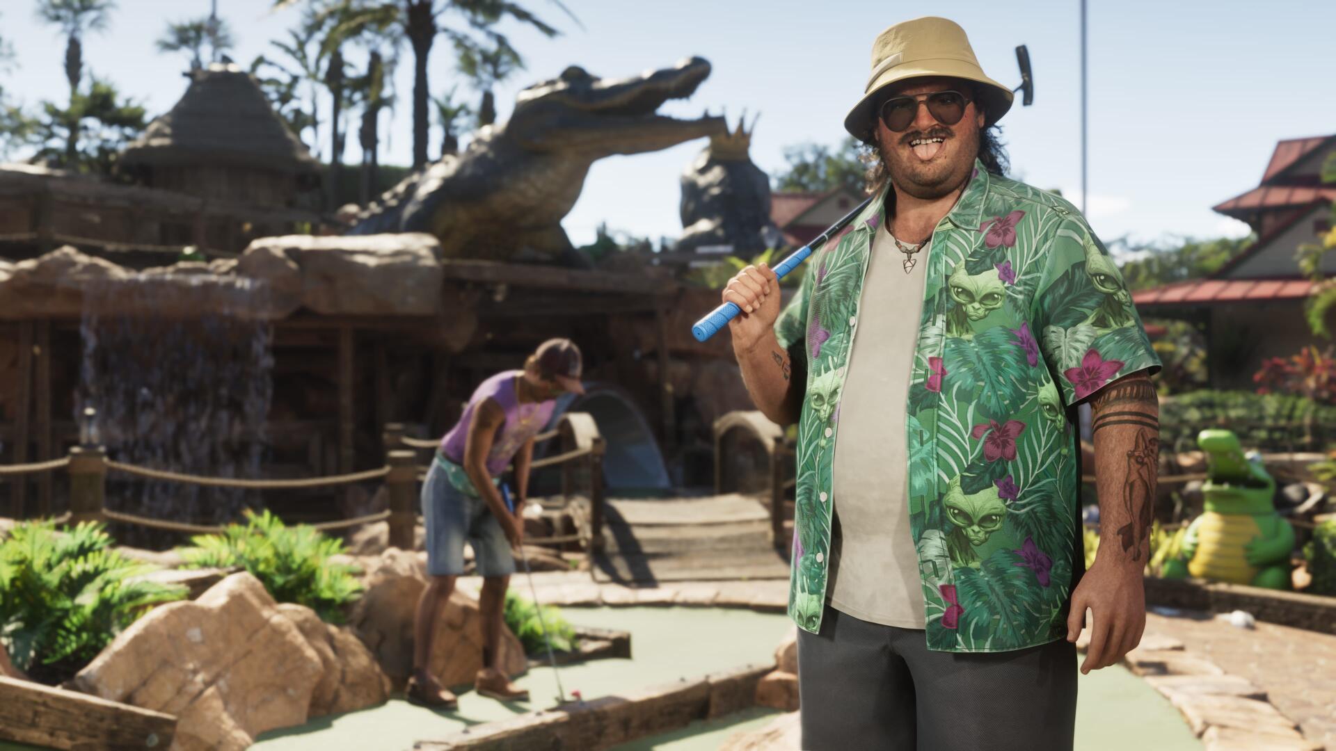 4K Ultra HD PC desktop wallpaper: Cal Hampton from the video game Grand Theft Auto VI — tropical-shirted man in a bucket hat holding a putter at a sunny mini-golf course.
