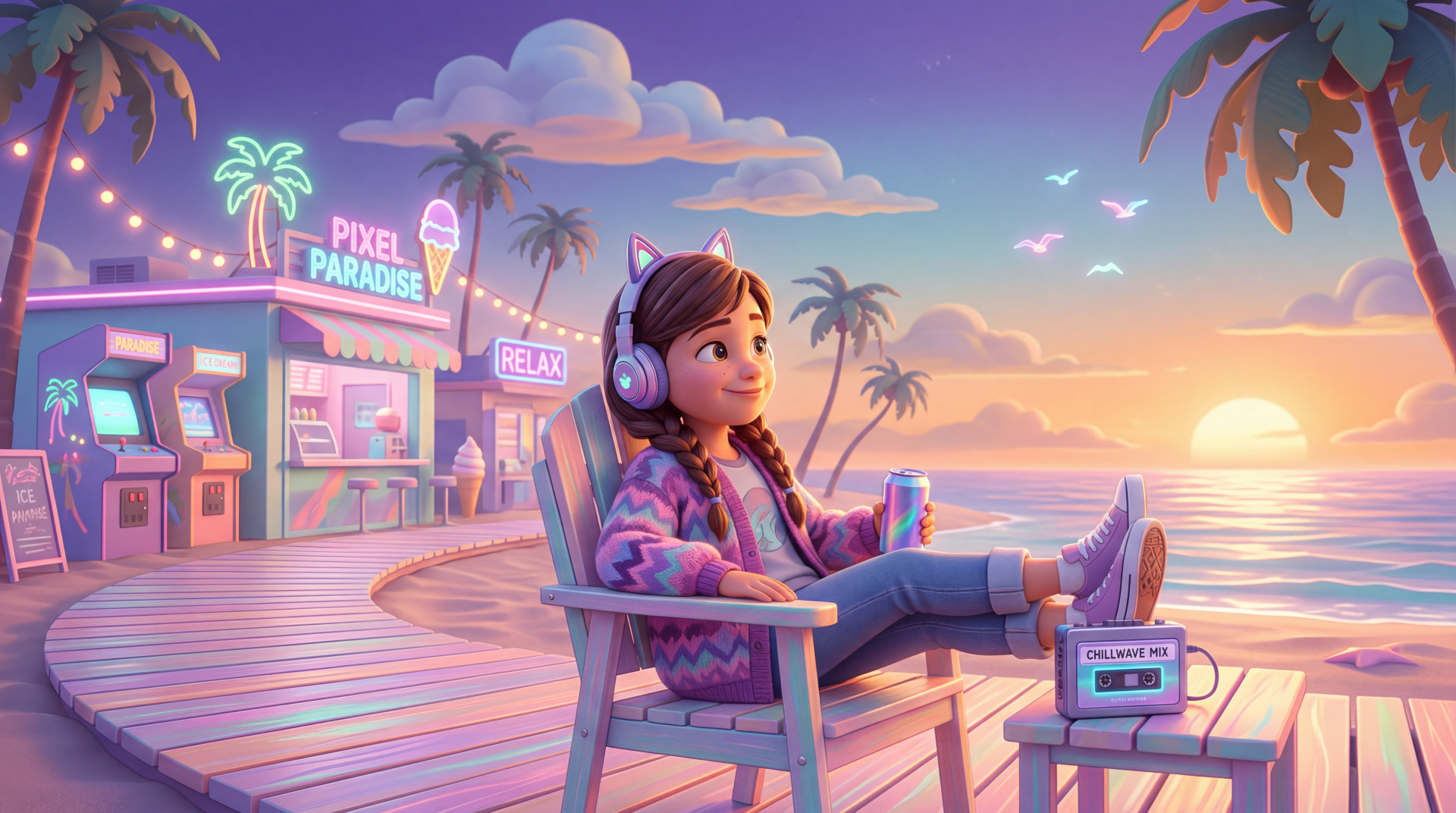 Chillwave 5K Ultra HD PC desktop wallpaper and background: person with headphones relaxing on a pier at sunset, neon arcade and palm trees, retro cassette player and pastel sky.