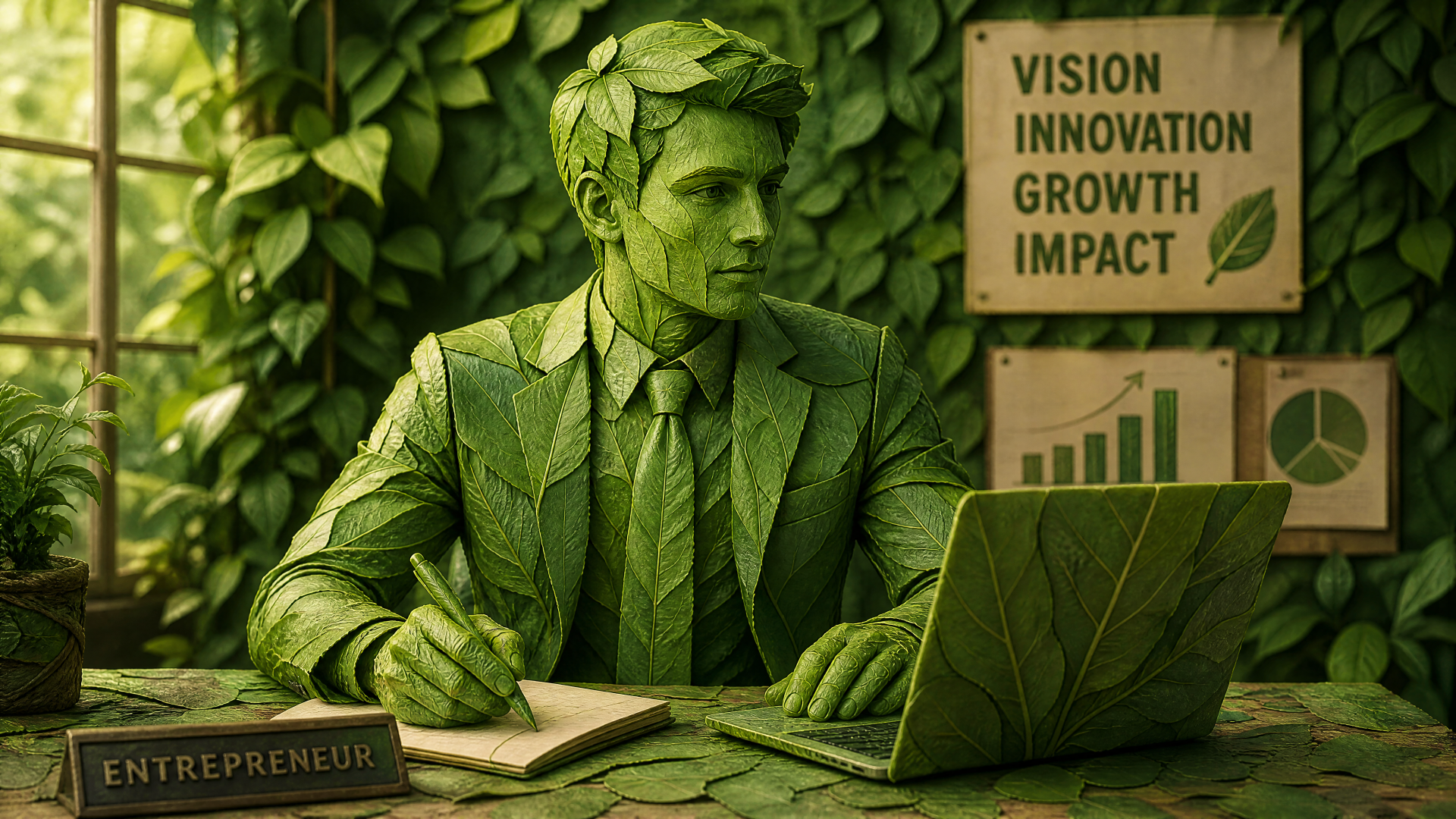 4K Ultra HD PC desktop wallpaper: leaf-sculpted entrepreneur in a suit working at a laptop amid lush foliage, posters reading Vision, Innovation, Growth, Impact.