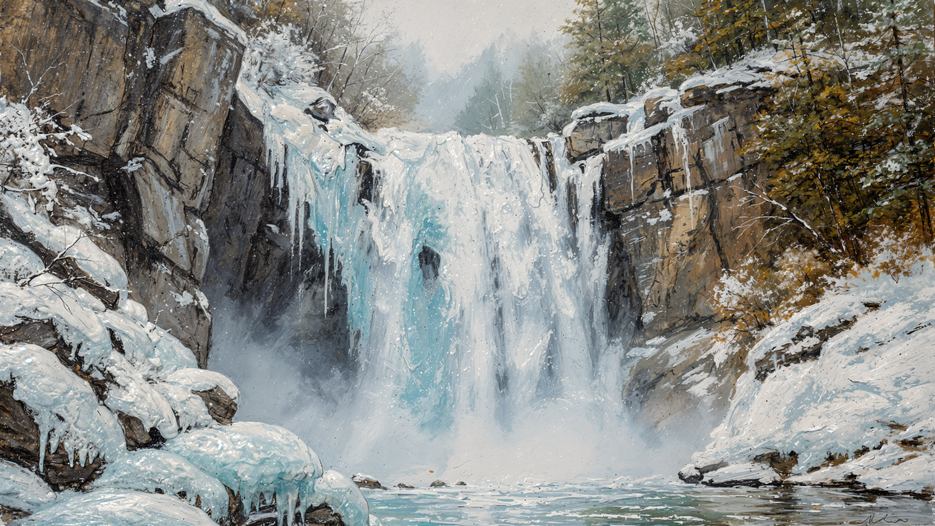Frozen waterfall cascading between snow-covered cliffs into icy pools, mist rising under frosty pines — 4K Ultra HD PC desktop wallpaper and background.