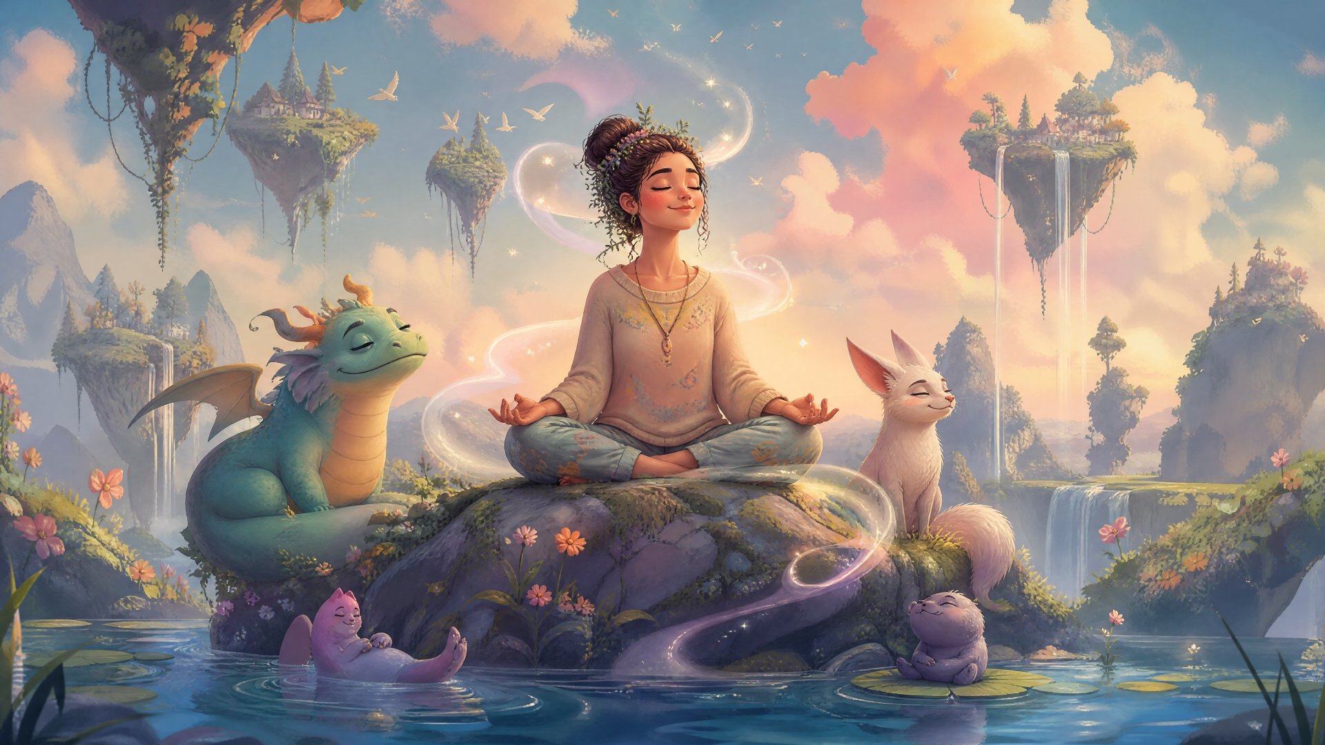 Mindfulness-themed 4K Ultra HD PC desktop wallpaper: serene person meditating on a mossy rock with gentle fantasy creatures, floating islands and a soft pastel sky.