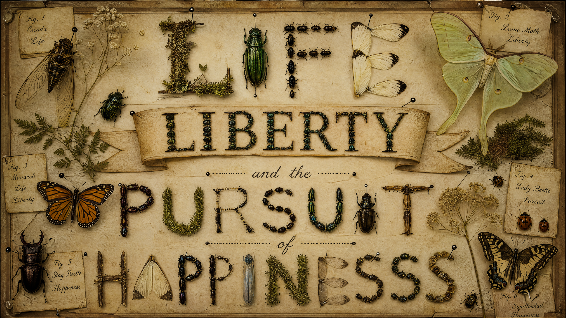 4K Ultra HD PC desktop wallpaper/background: vintage naturalist collage of insects, moths and plants forming the phrase Life, Liberty and the Pursuit of Happiness.