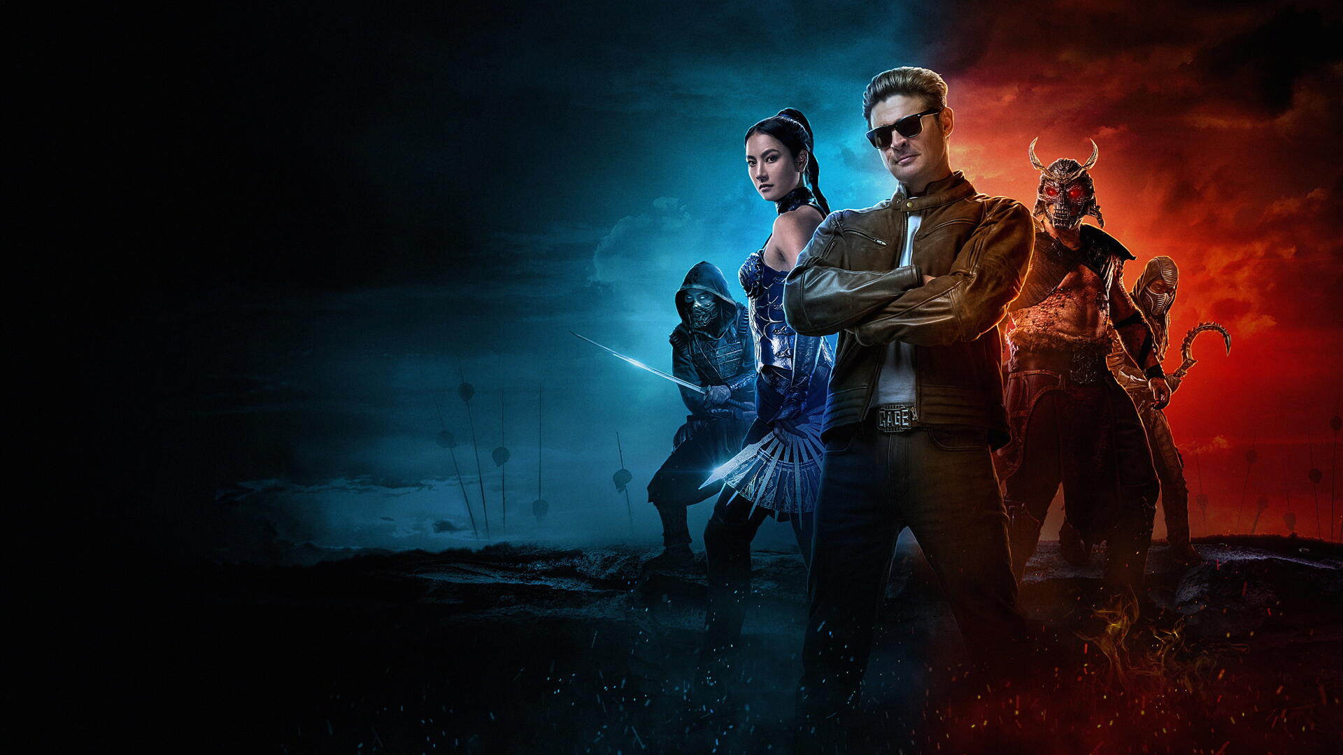 Mortal Kombat 2 (2026) 4K Ultra HD PC desktop wallpaper showing four Mortal Kombat characters standing in a blue-to-red split background, central figure in sunglasses with arms crossed.