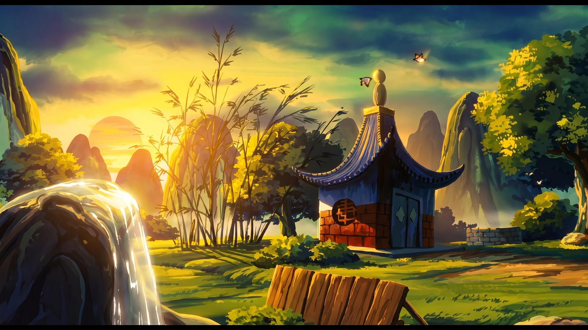 Dragon Ball anime sunrise HD PC wallpaper: glowing sun over jagged peaks, bamboo and trees around a small shrine, a waterfall and warm golden light across the valley.