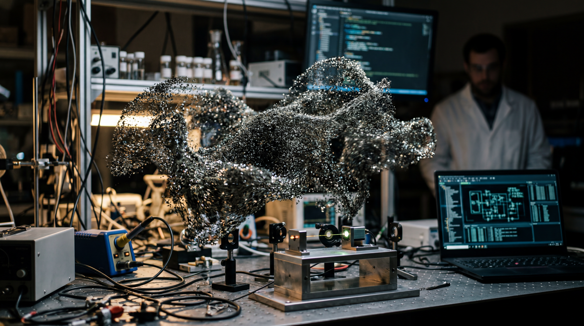 5K Ultra HD PC desktop wallpaper and background of a shimmering nanotech swarm forming a fluid shape above a cluttered lab bench with monitors and a researcher in the dim background.