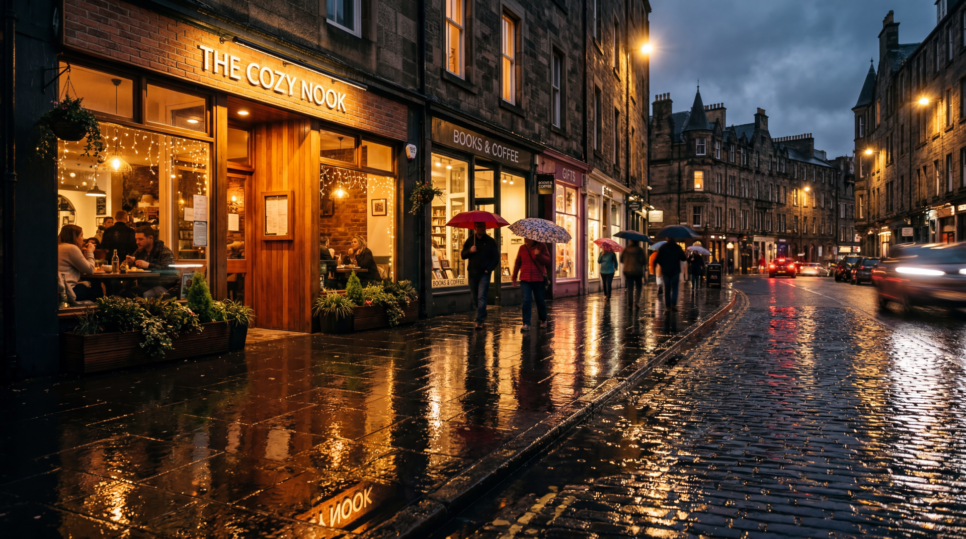 5K Ultra HD PC desktop wallpaper and background showing rainy reflection of café lights on a wet cobblestone street, people with umbrellas and a moody dusk sky.