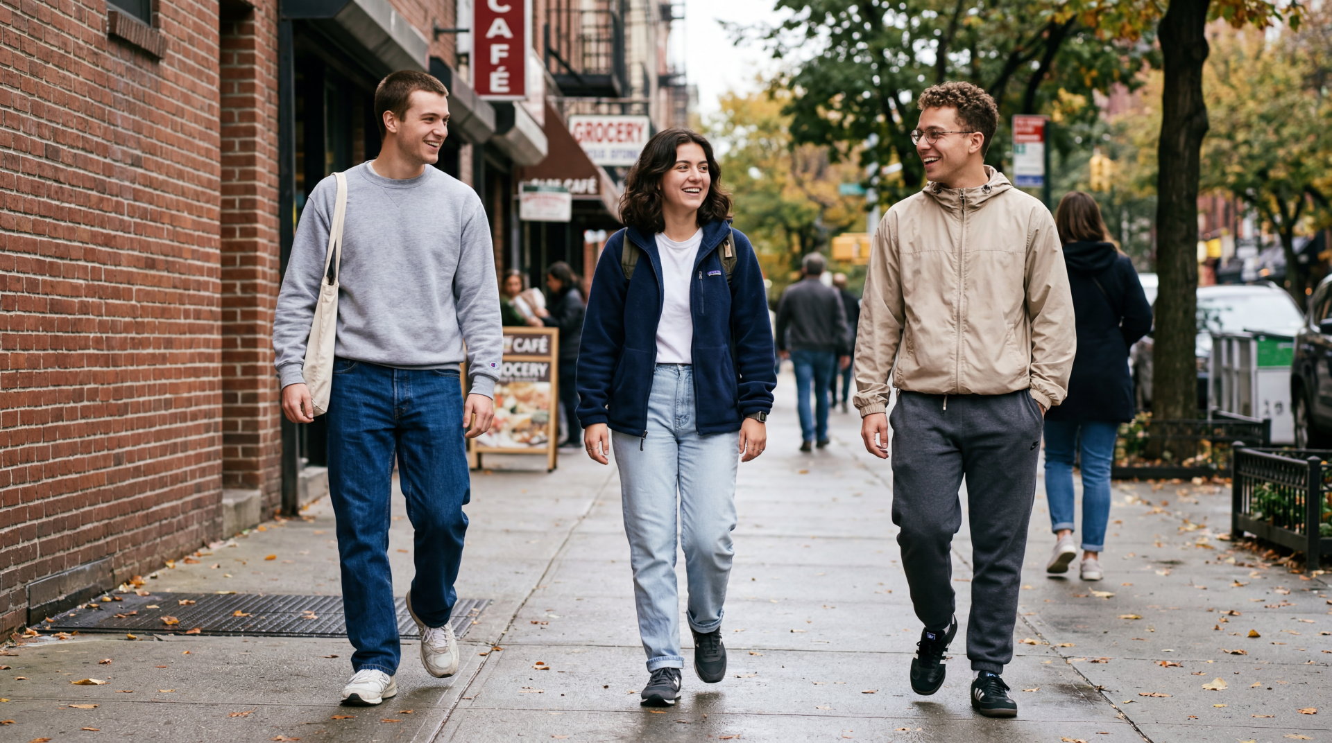Normcore street scene: three casually dressed people walking on a city sidewalk with autumn trees — 5K Ultra HD PC desktop wallpaper and background.