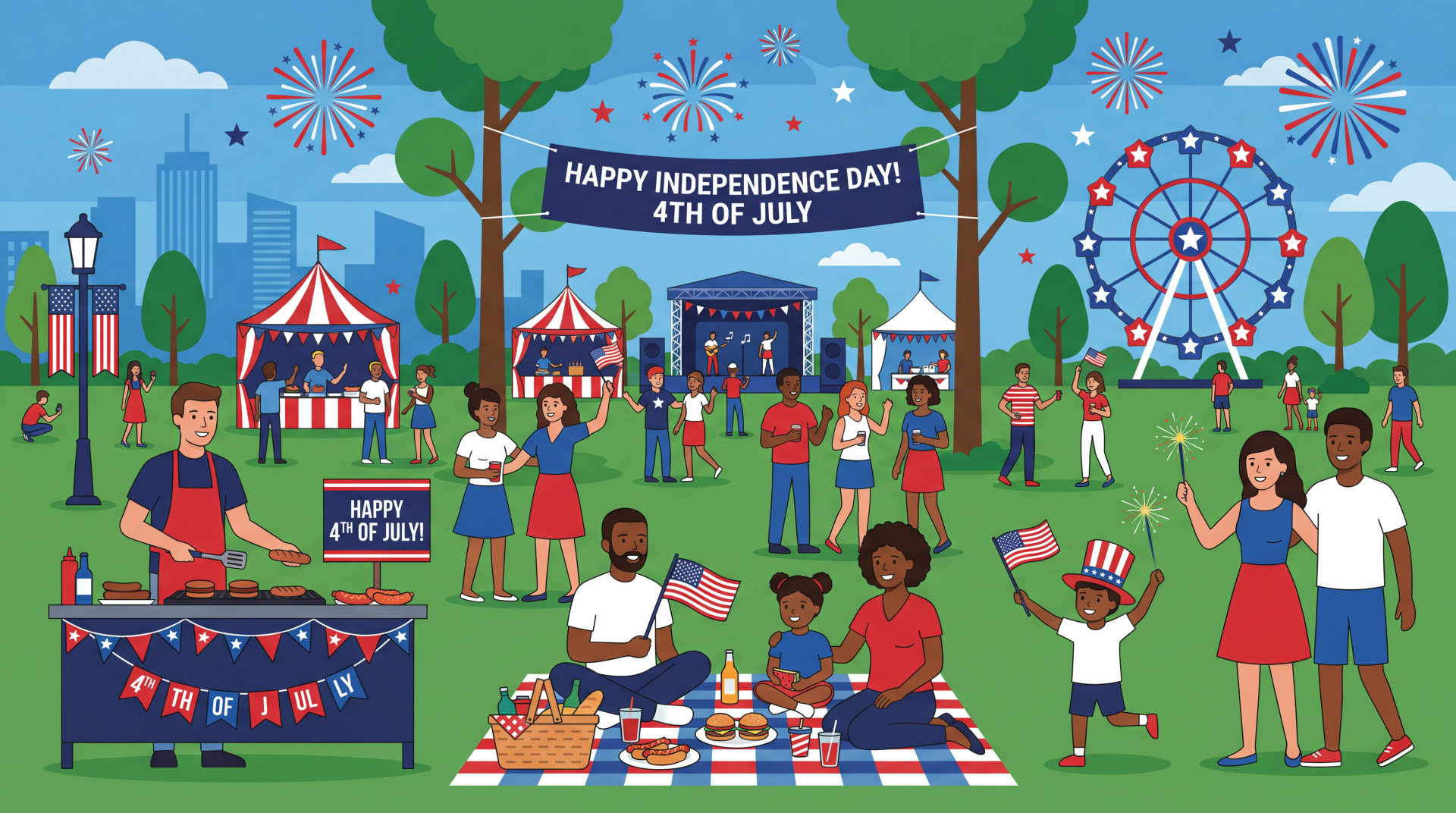 5K Ultra HD PC desktop wallpaper of a 4th of July park celebration: families picnicking, food stands, tents, Ferris wheel, fireworks and banners reading Happy Independence Day.