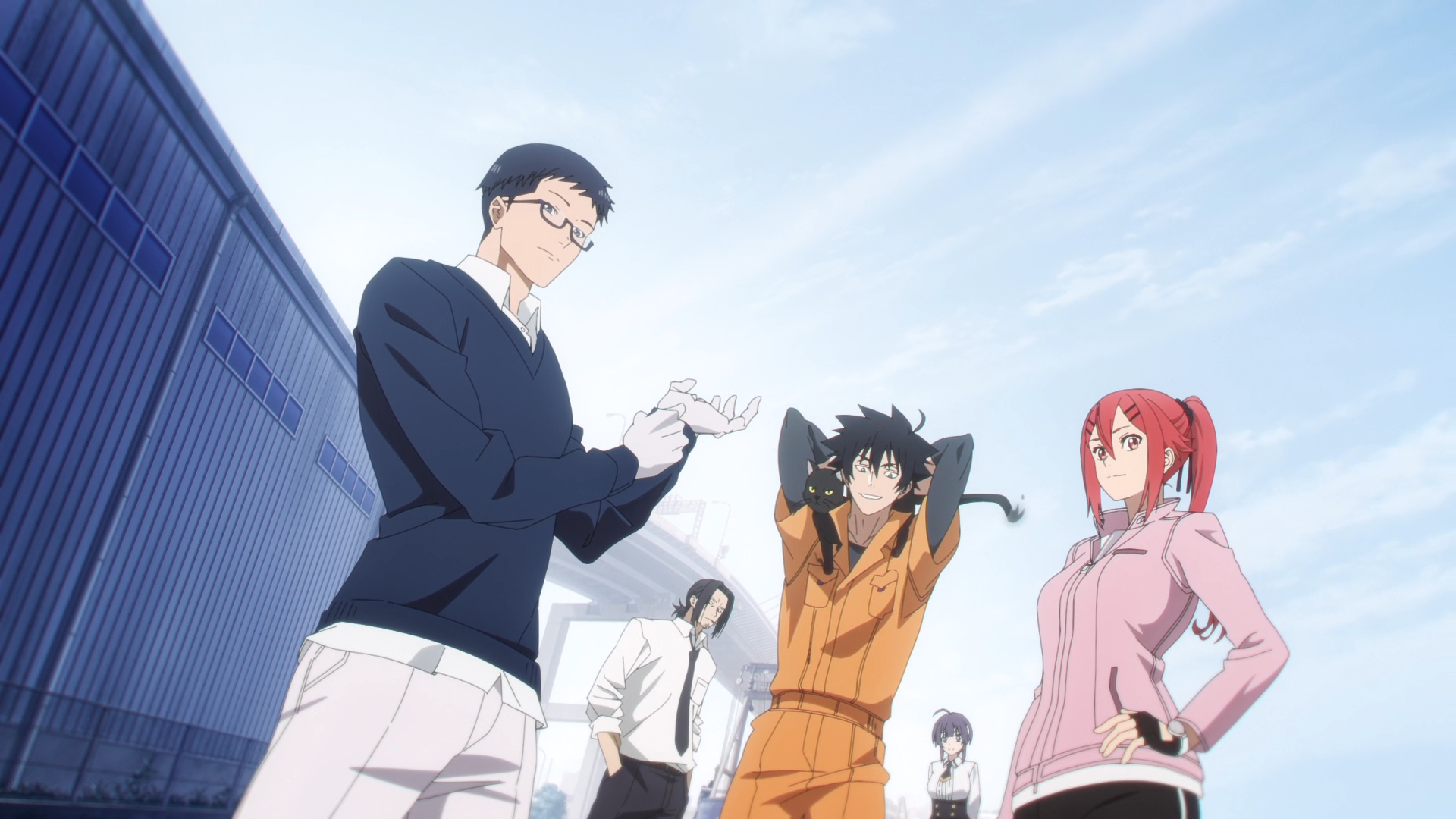 Black Torch anime HD PC desktop wallpaper/background: main cast standing under a clear blue sky — a bespectacled man, an orange-clad youth, a red-haired girl and other characters.