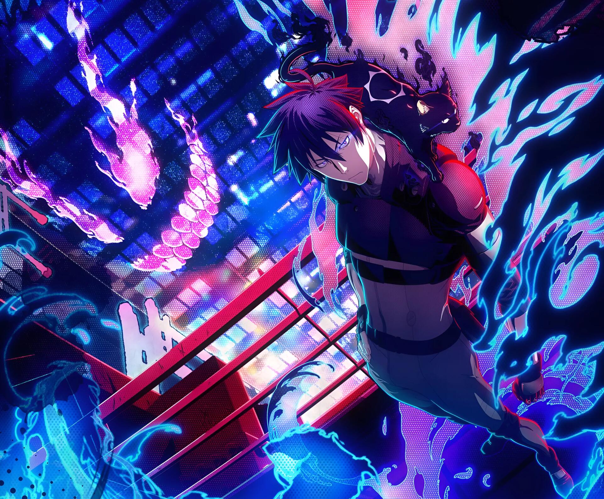 2K Quad HD PC wallpaper of Black Torch anime: Jirou Azuma with Ragou, neon city skyline, swirling blue and pink spirit flames and a glowing serpent.